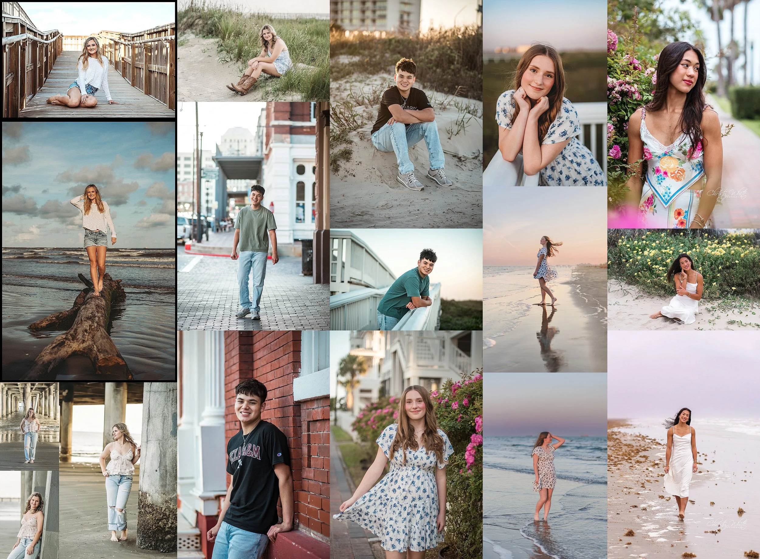 a collage of various senior sessions along the Texas coast and in the Galveston Strand historical area