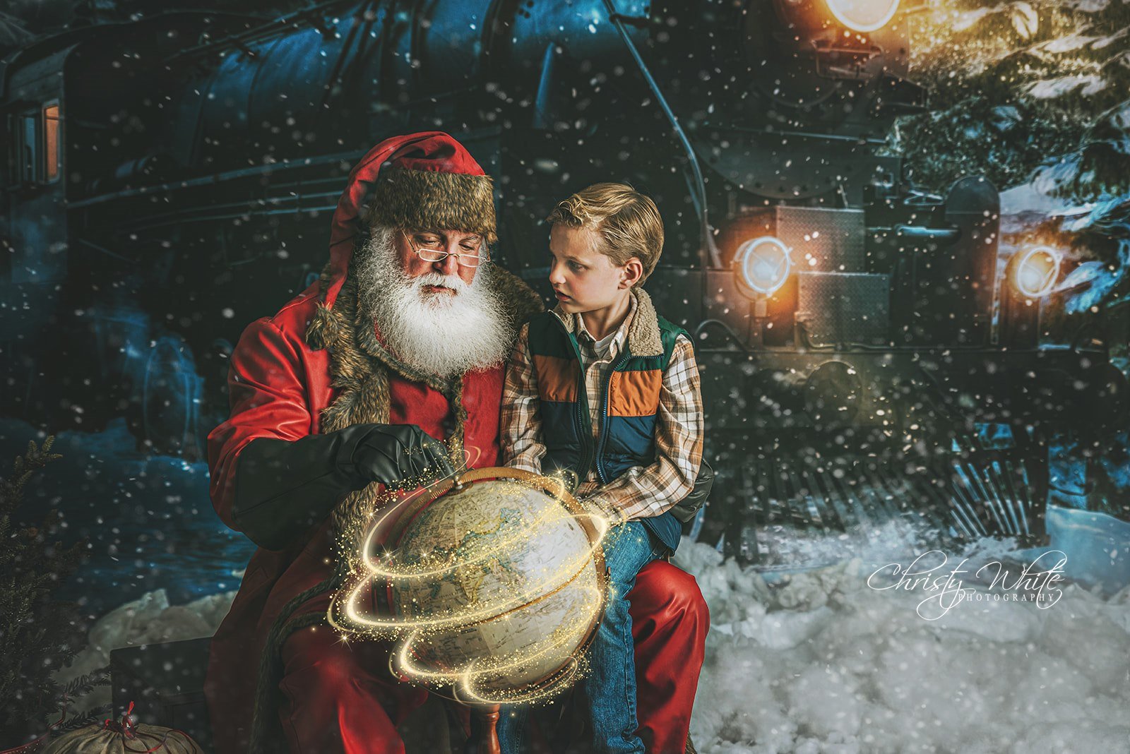 Child sharing a magical one-on-one Santa experience during a Christmas photography session in Alvin, Texas.