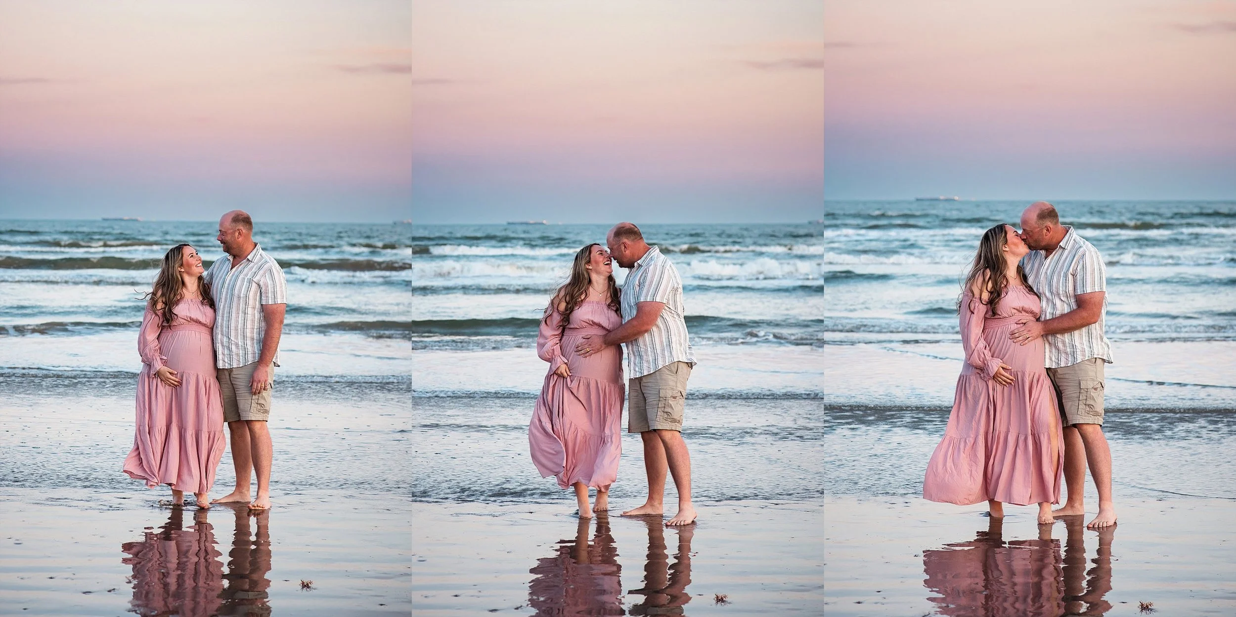 Dreamy sunset maternity portraits on the beach in Galveston featuring a pregnant woman in a pink dress with soft pastel skies and ocean waves.