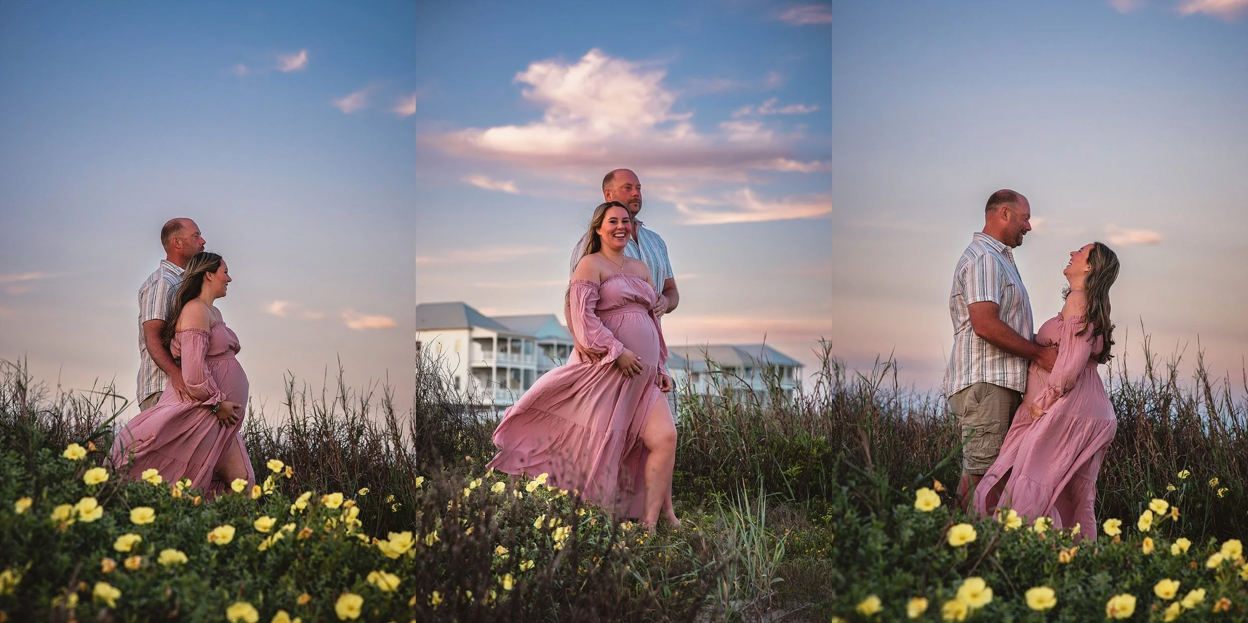 An expecting couple on the beach in Galveston wearing a flowy dress