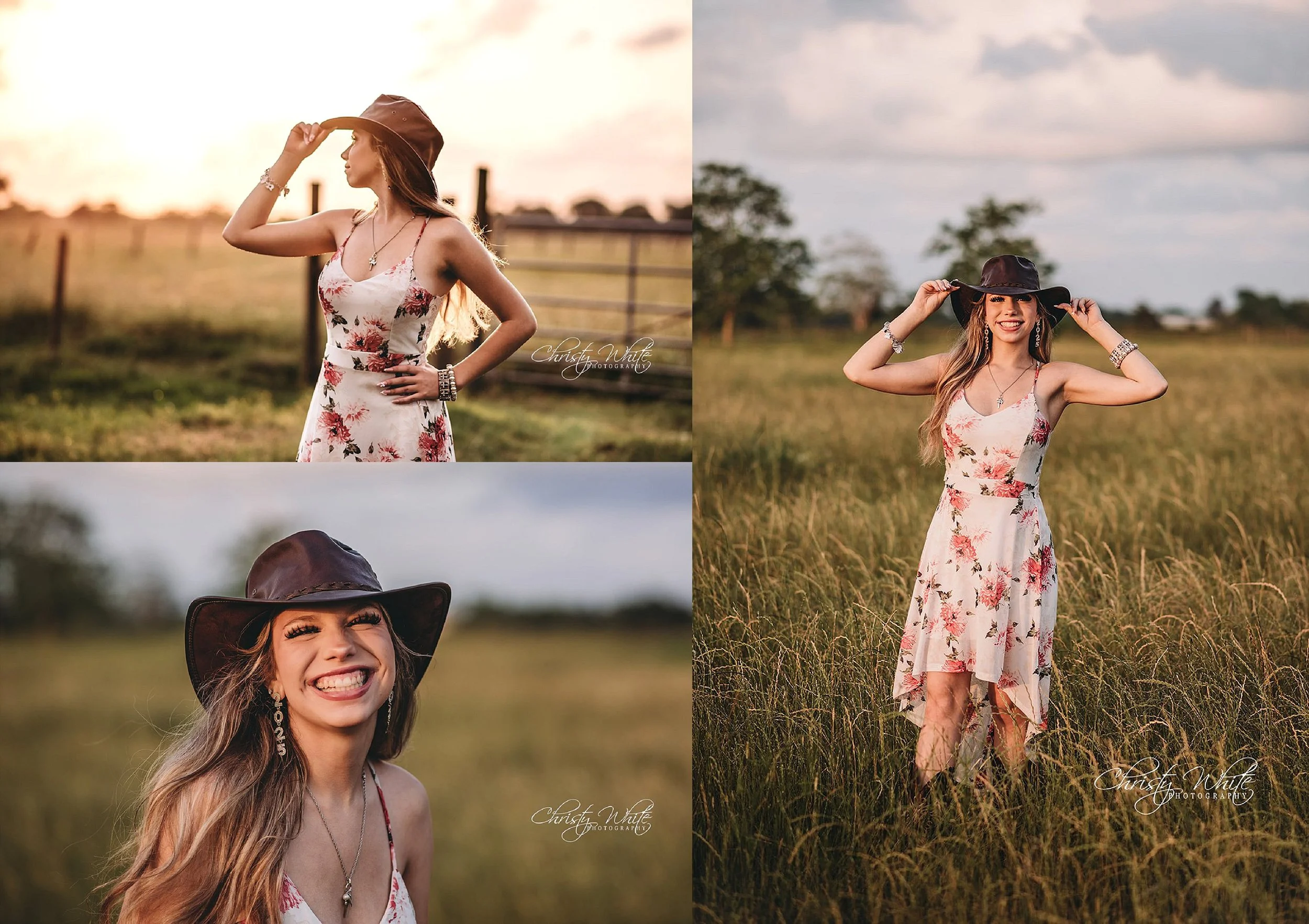 Pearland high school senior photos taken at golden hour with Texas countryside, barn backdrop, and Highland cows