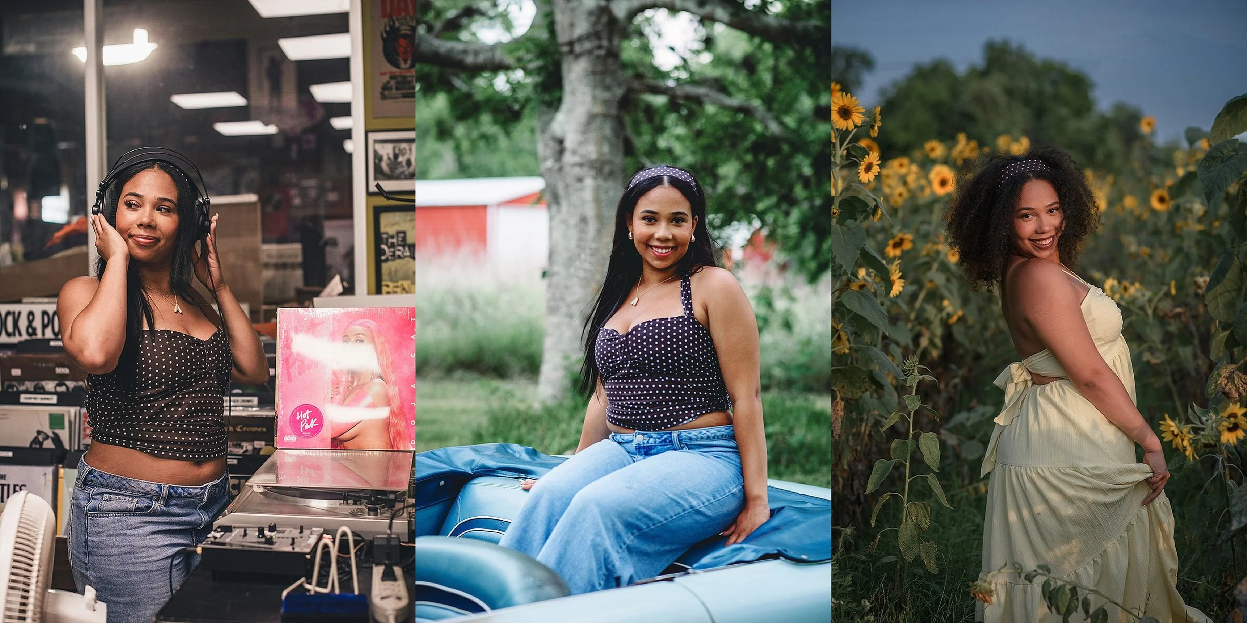 Collage of Alvin High School Senior at a record store, with a vintage car and in a sunflower field.