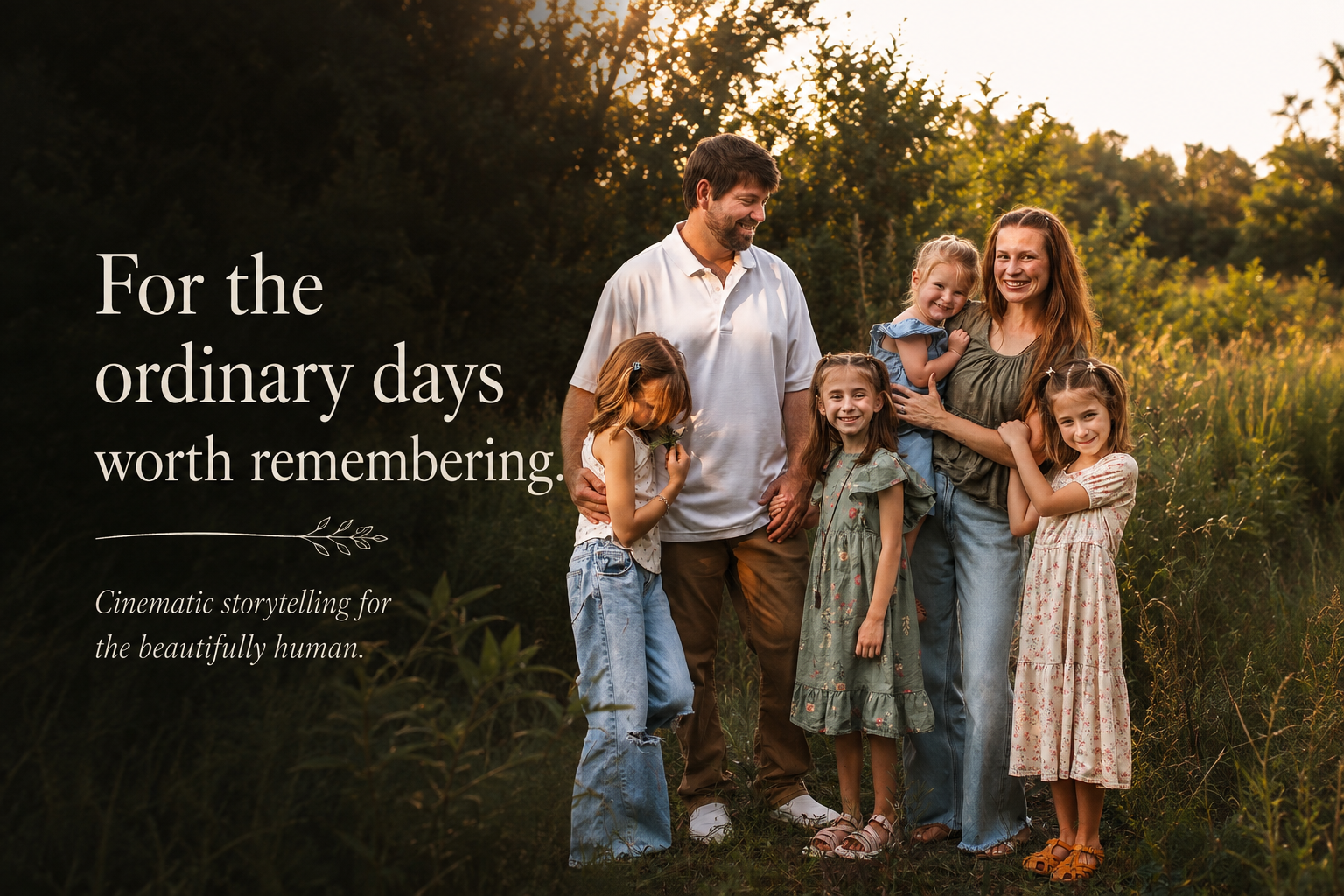 A group of six people, including two adults and four children, smiling and holding hands in a natural outdoor setting during sunset.