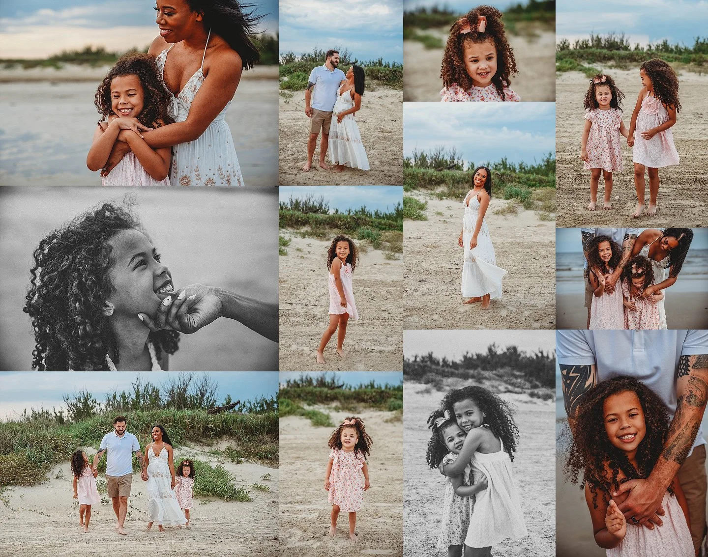 A family at a Galveston beach on vacation.