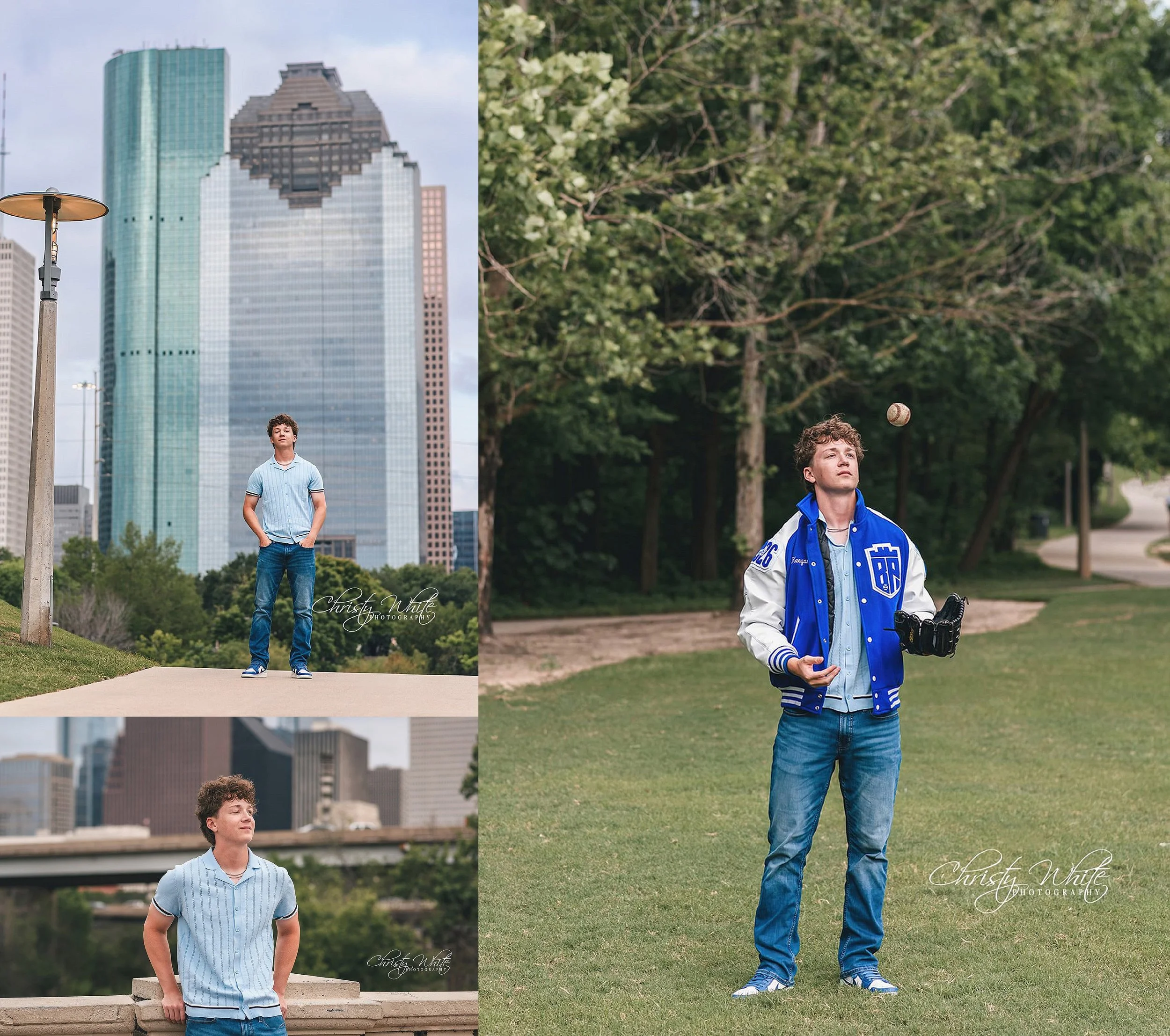 Houston senior session featuring urban skyline views and natural scenery at Eleanor Tinsley Park.