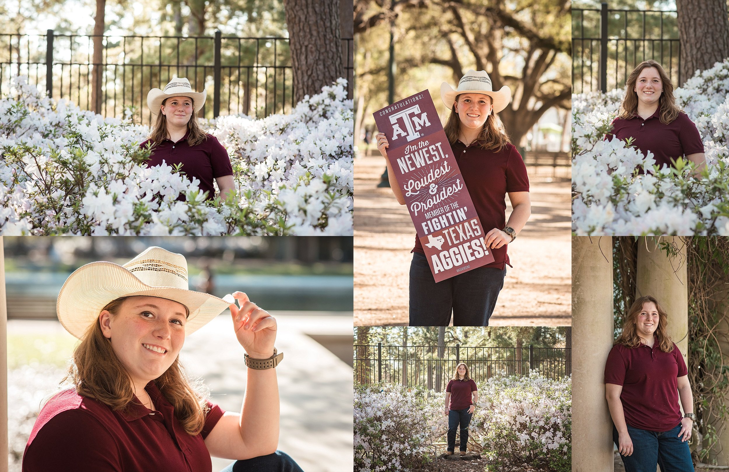 Senior girl posing in blooming azaleas at Hermann Park during spring senior session