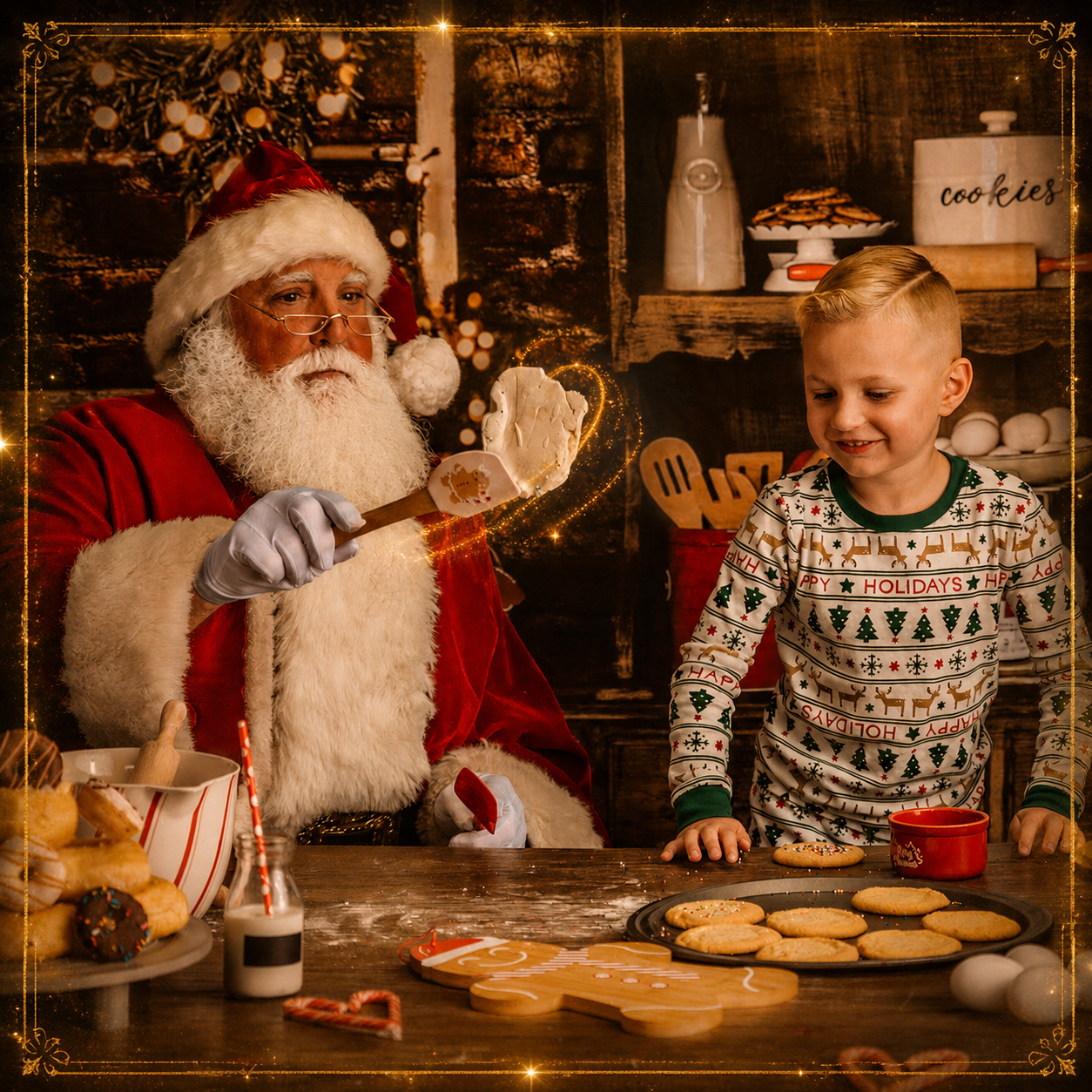 Children baking Christmas cookies with Santa during Santa's Kitchen experience.
