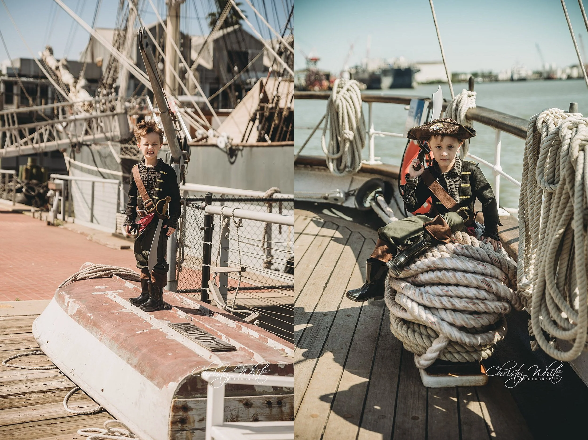 Young boy during outdoor photography session on pirate ship in Galveston
