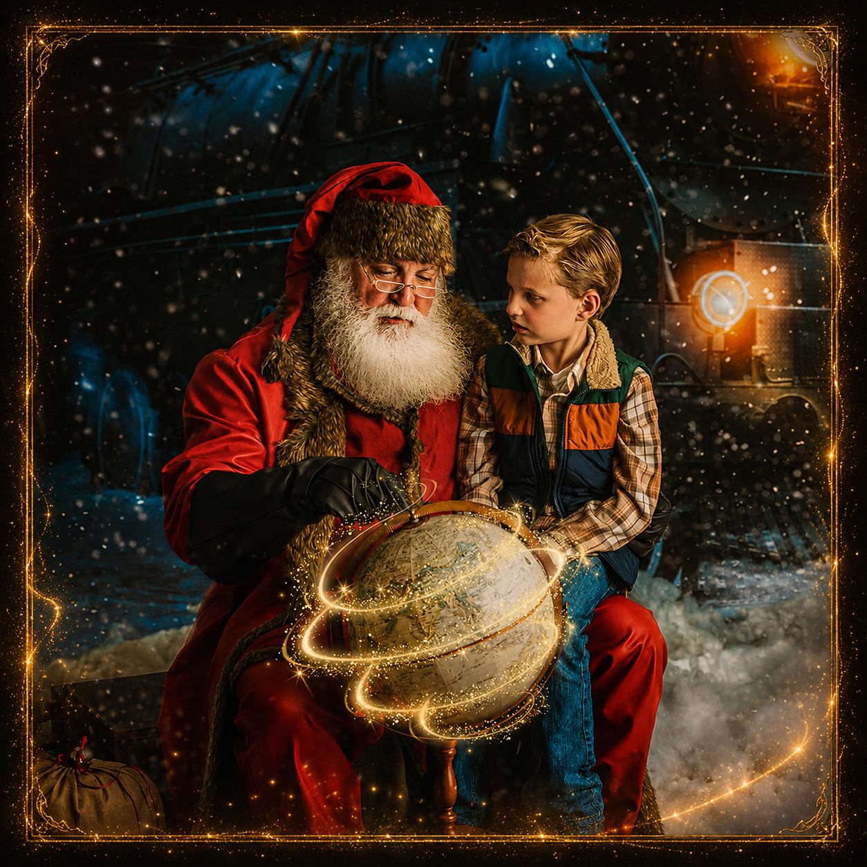Child meeting Santa during a Polar Express Christmas session.