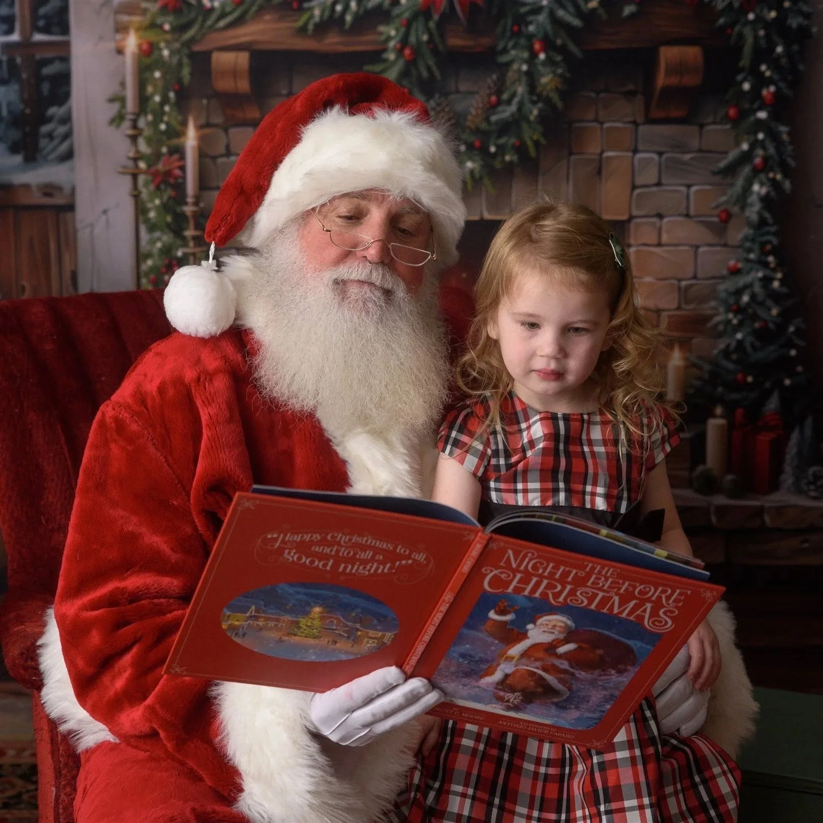 Santa reading a Christmas story to children during a magical Santa session in Alvin.