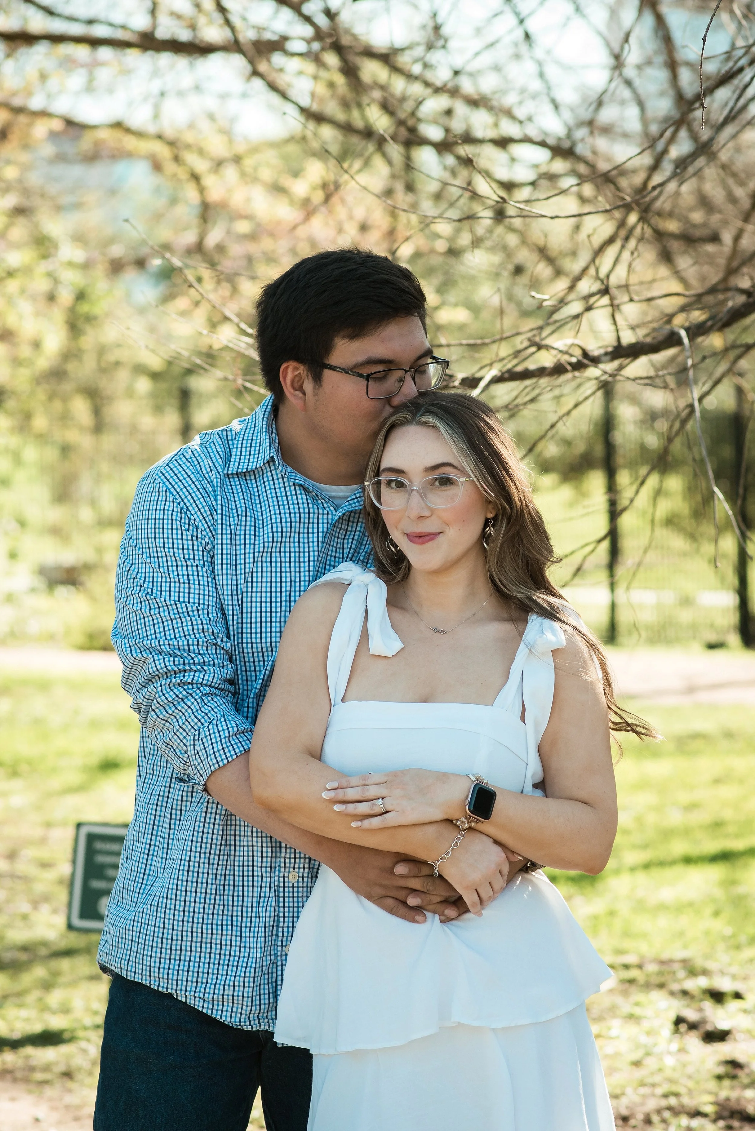 Romantic engagement photo of couple in Hermann Park Houston Texas