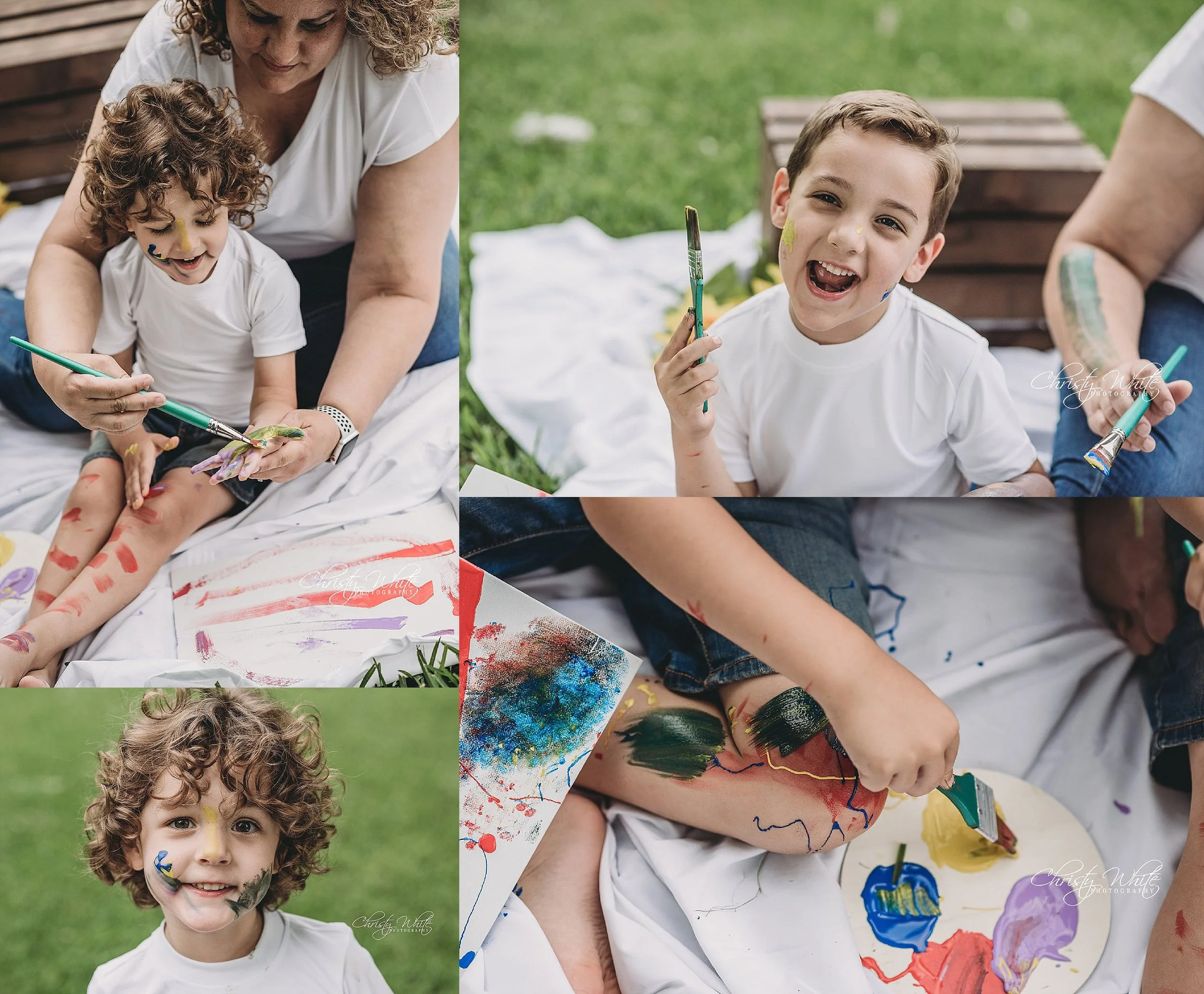 Young boys smiling during outdoor painting photography session in Friendswood