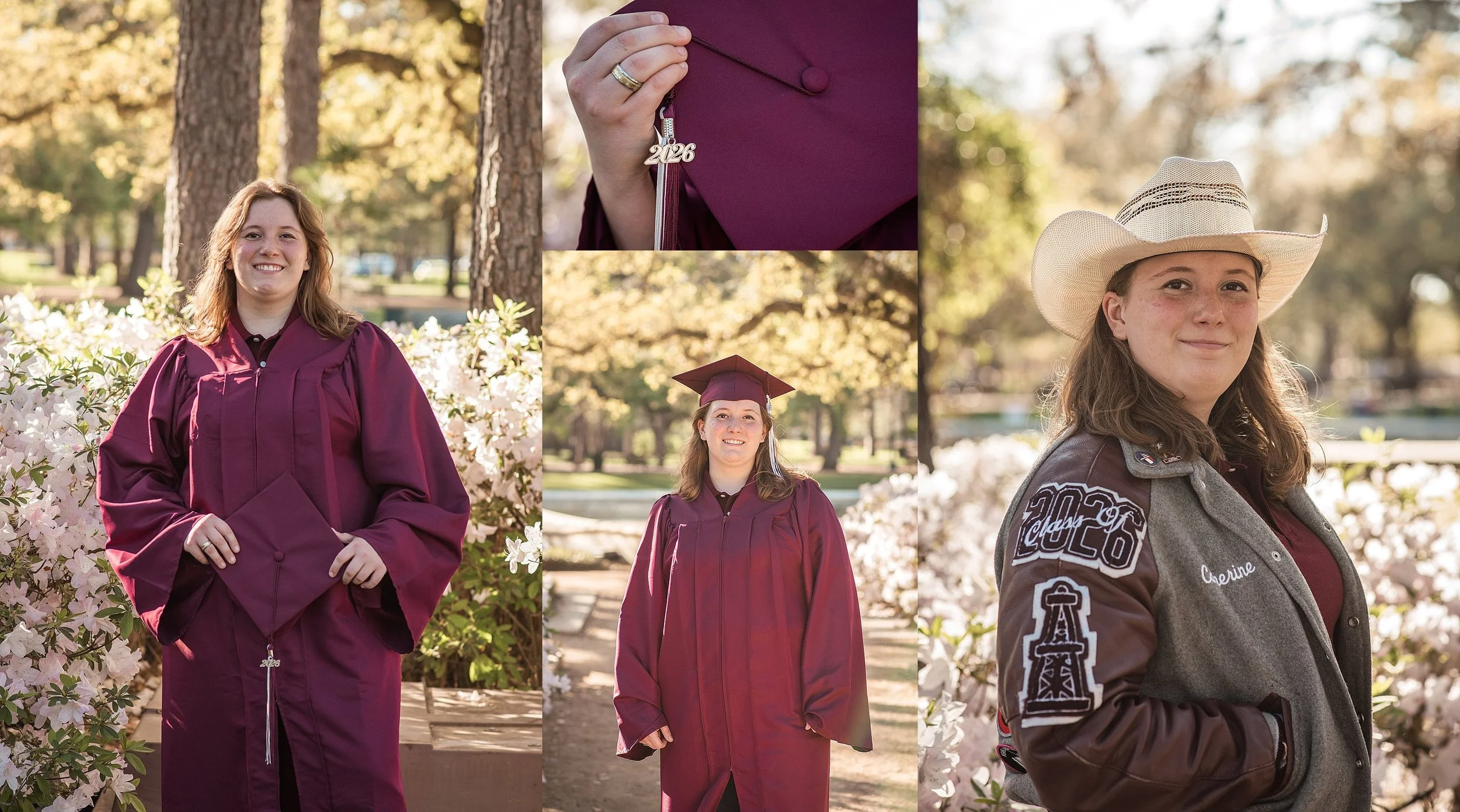 Pearland senior wearing cap and gown during outdoor session in Houston