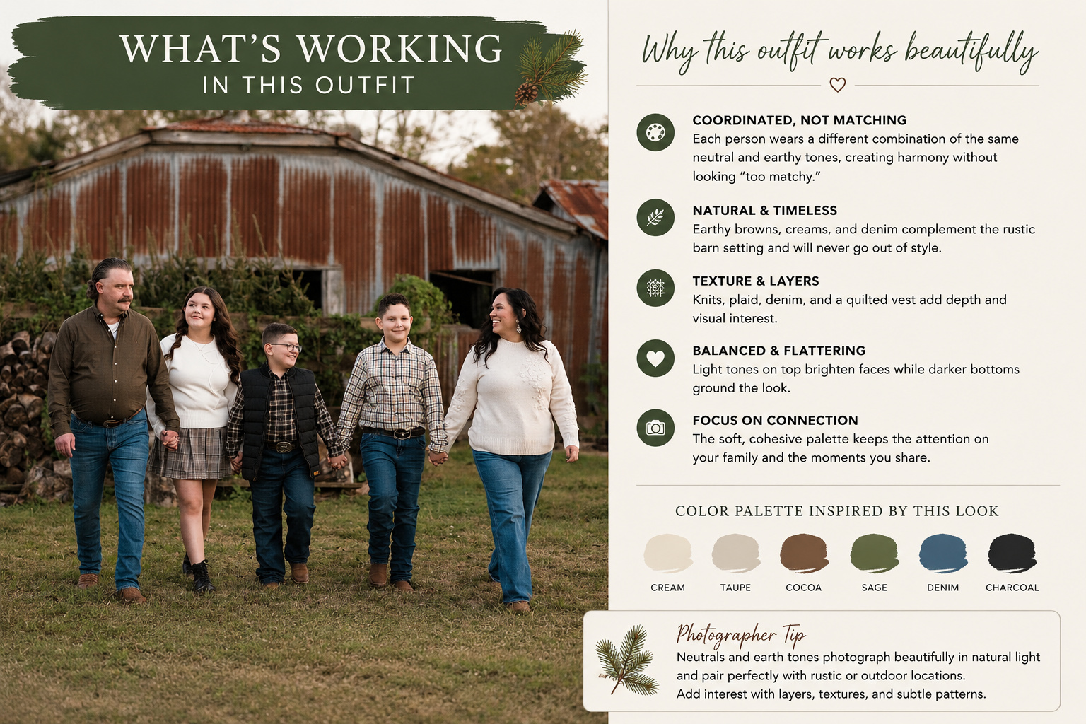 Coordinated Christmas clothing in complementary holiday colors for beautiful family photographs.