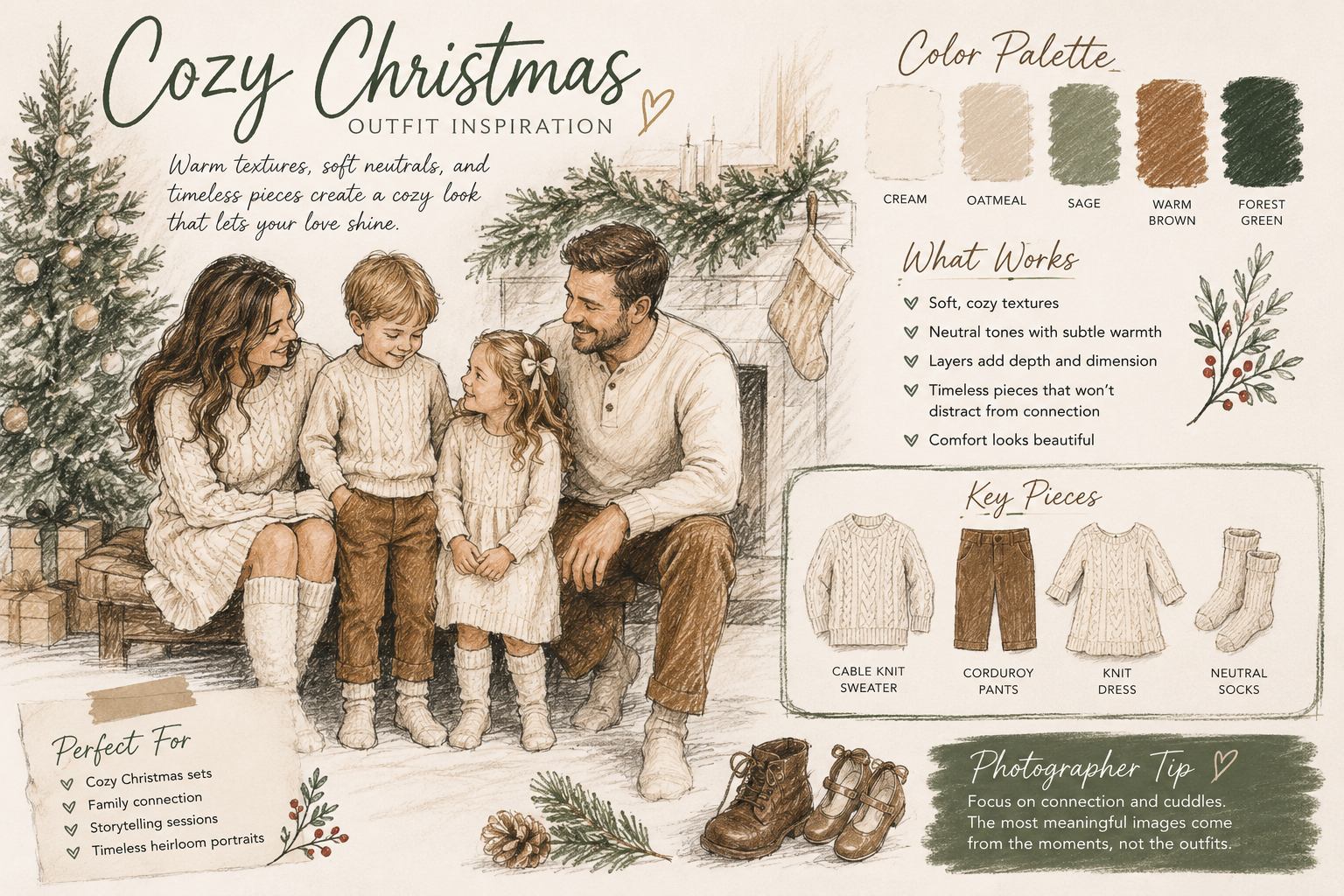 Coordinated Christmas clothing in complementary holiday colors for beautiful family photographs.