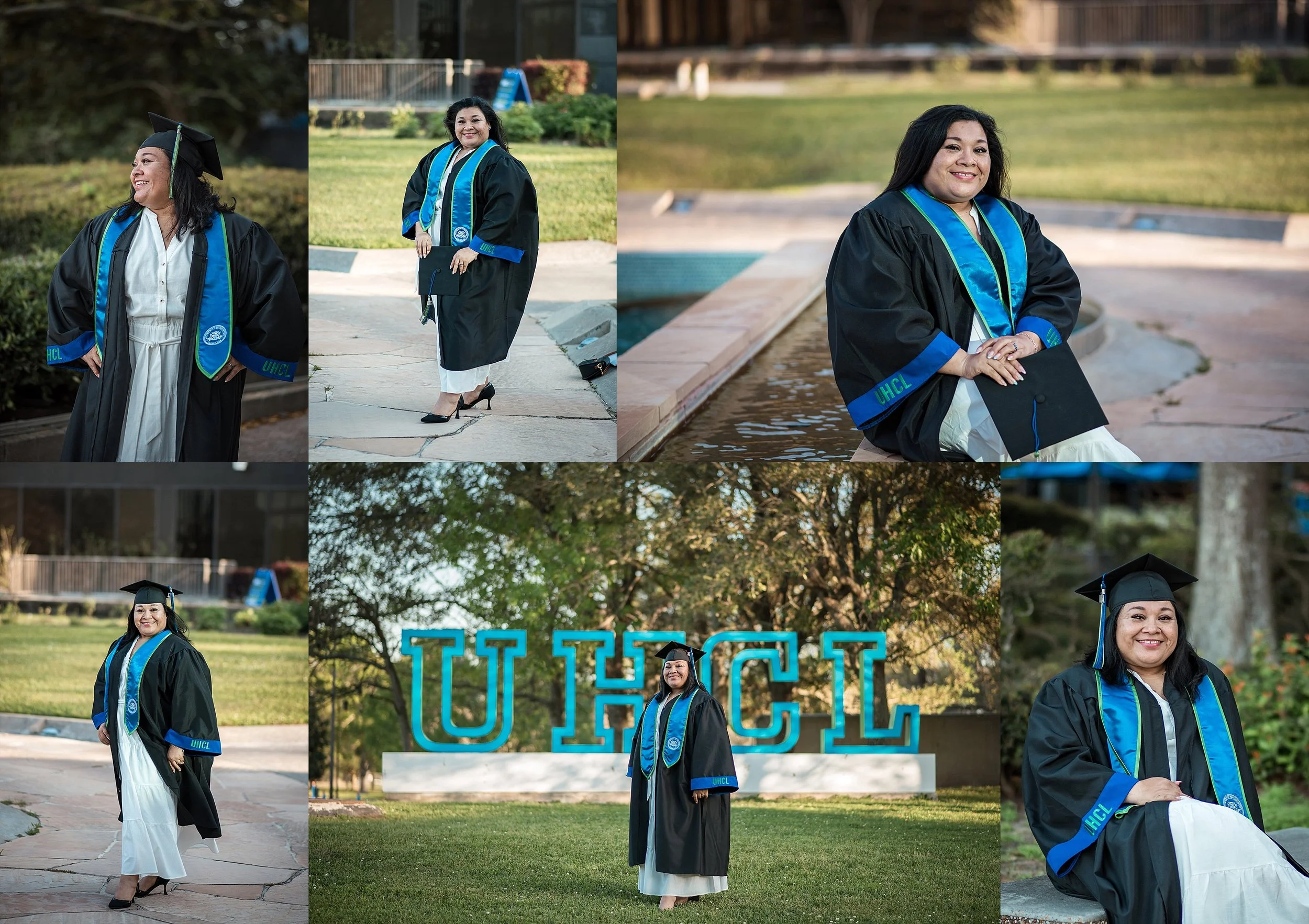 University of Houston–Clear Lake graduates in Houston holding their diplomas, photographed during a senior session for education degree graduates