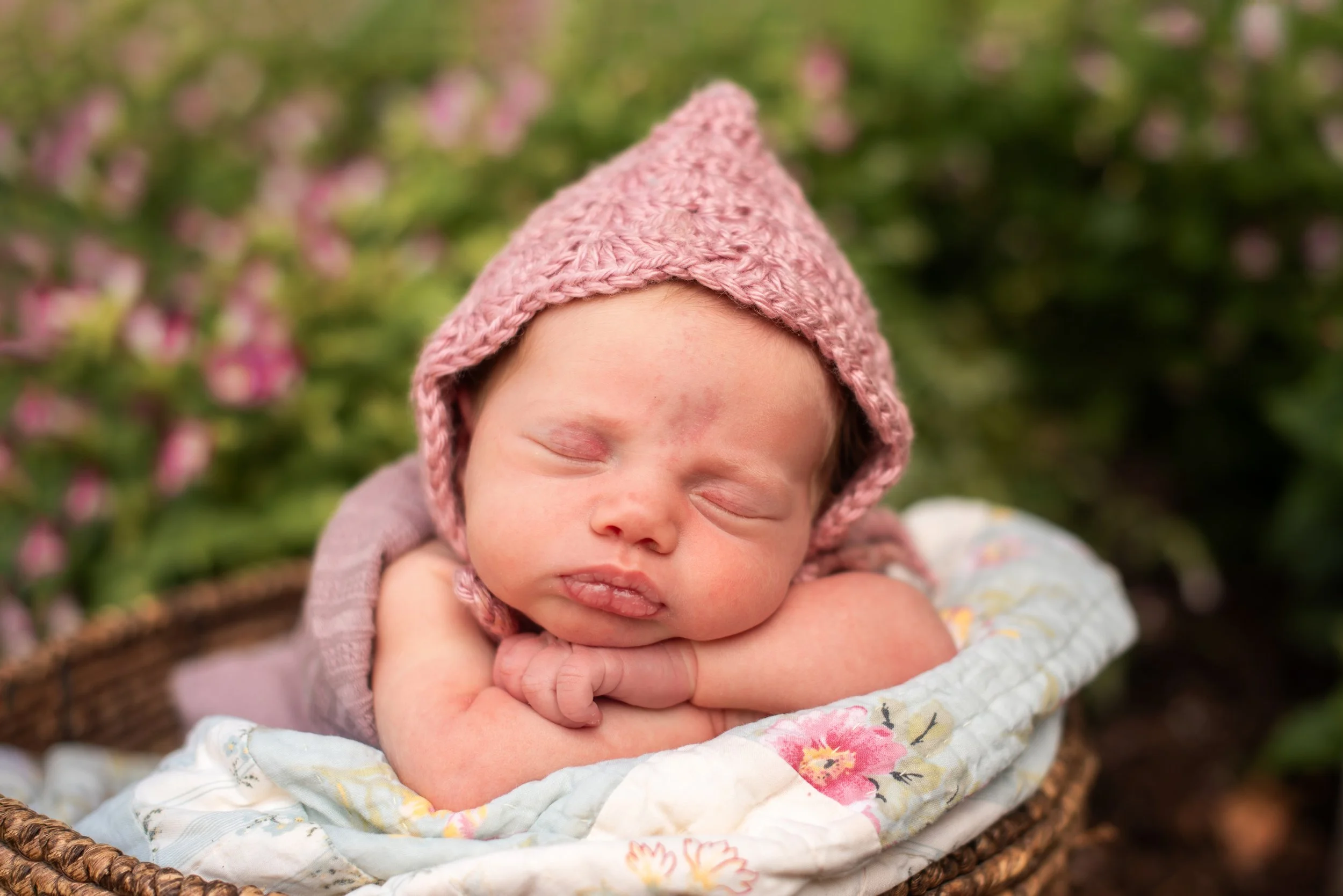 Natural outdoor newborn portrait photographed among the gardens at Mercer Arboretum in Spring, Texas.