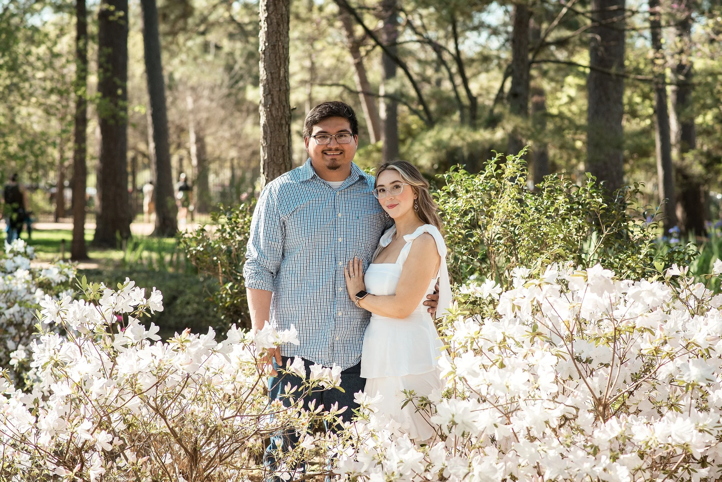 Engaged couple surrounded by blooming azaleas at Hermann Park Houston spring engagement photos