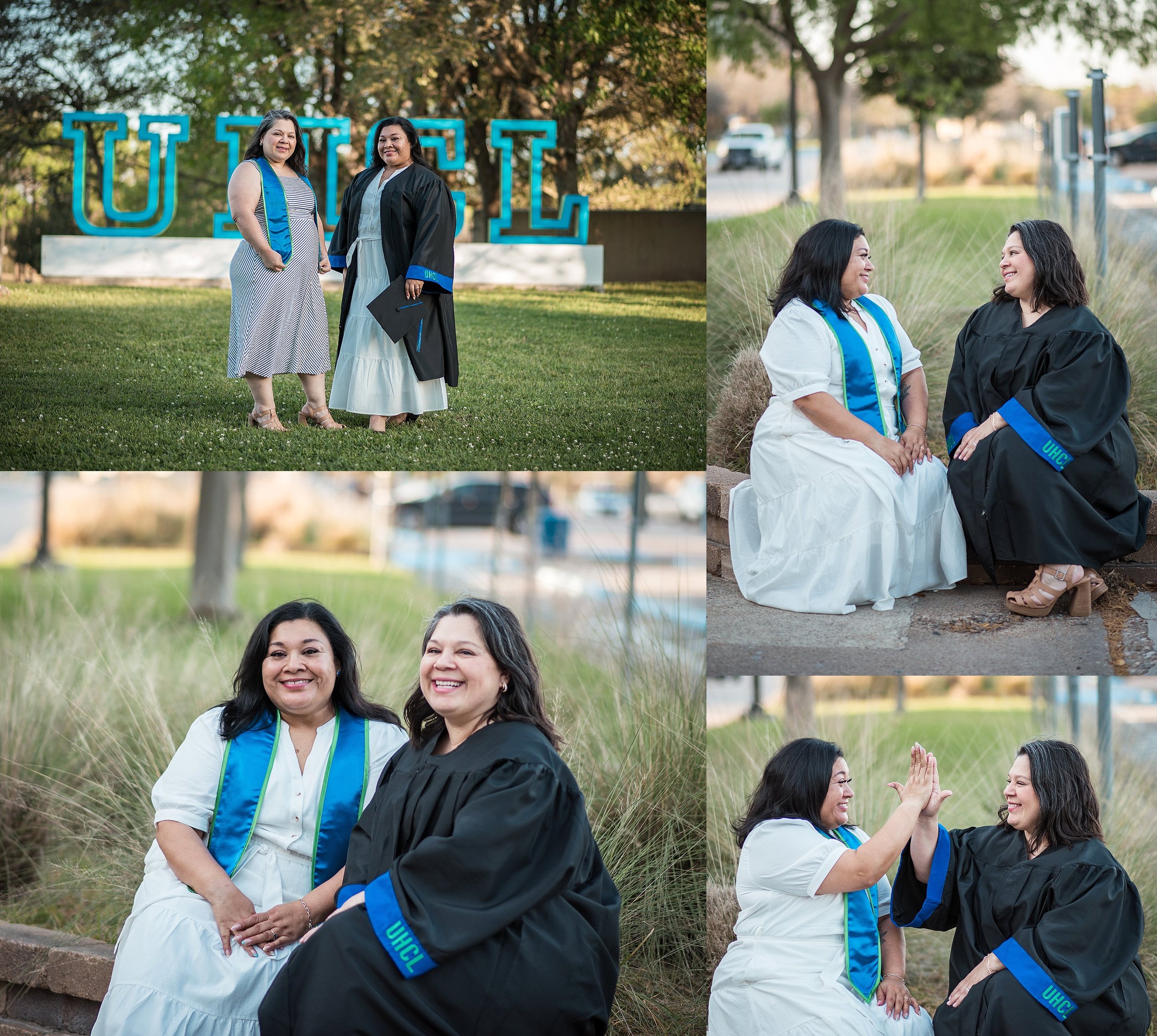 Two cousins posing together for their University of Houston–Clear Lake graduation senior session in Houston, Texas, celebrating their education degrees.