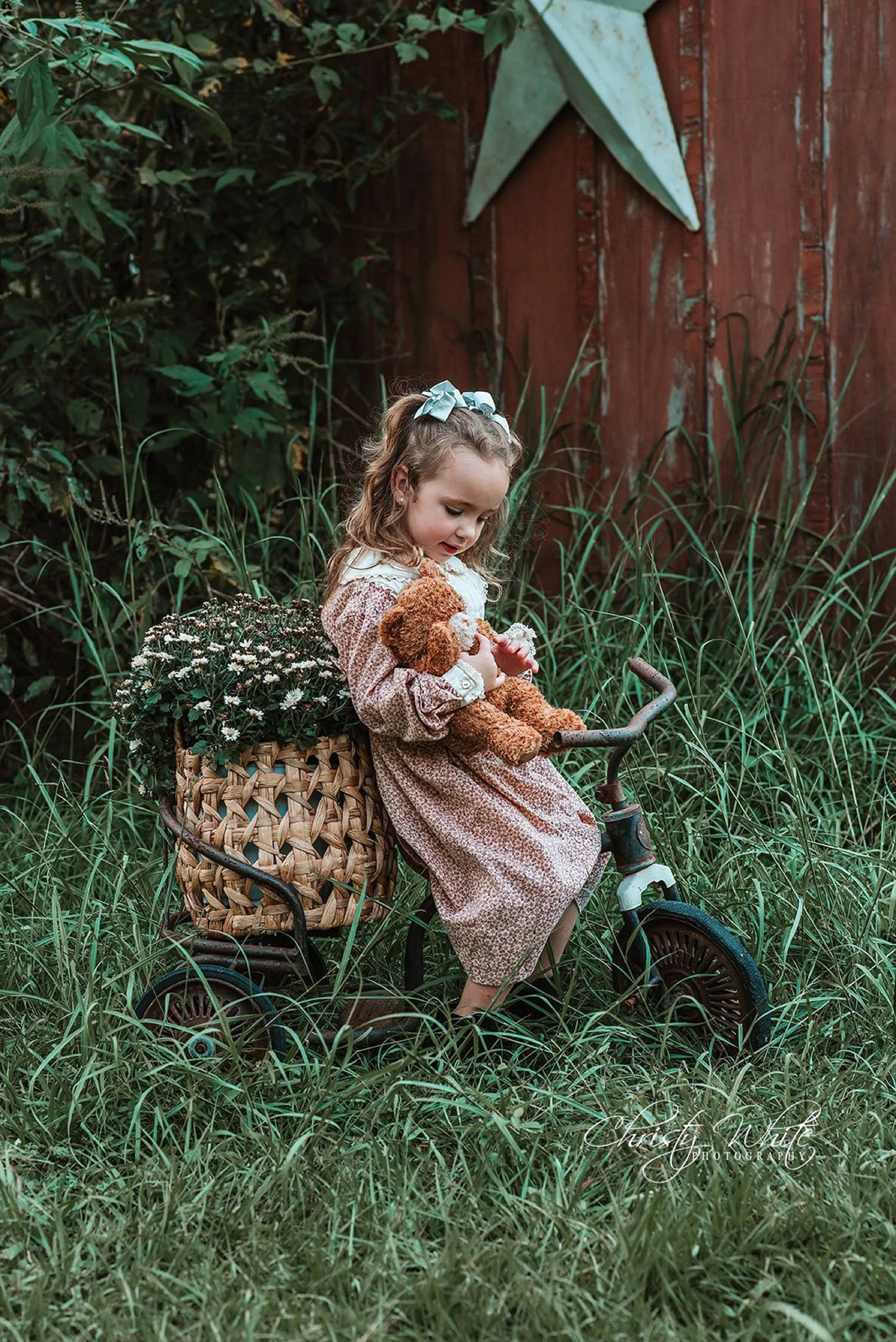 Natural light portrait of girl with teddy bear in Santa Fe Texas