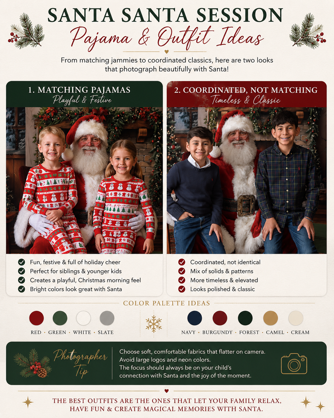 Family wearing matching Christmas pajamas during a festive Santa session by the fireplace.