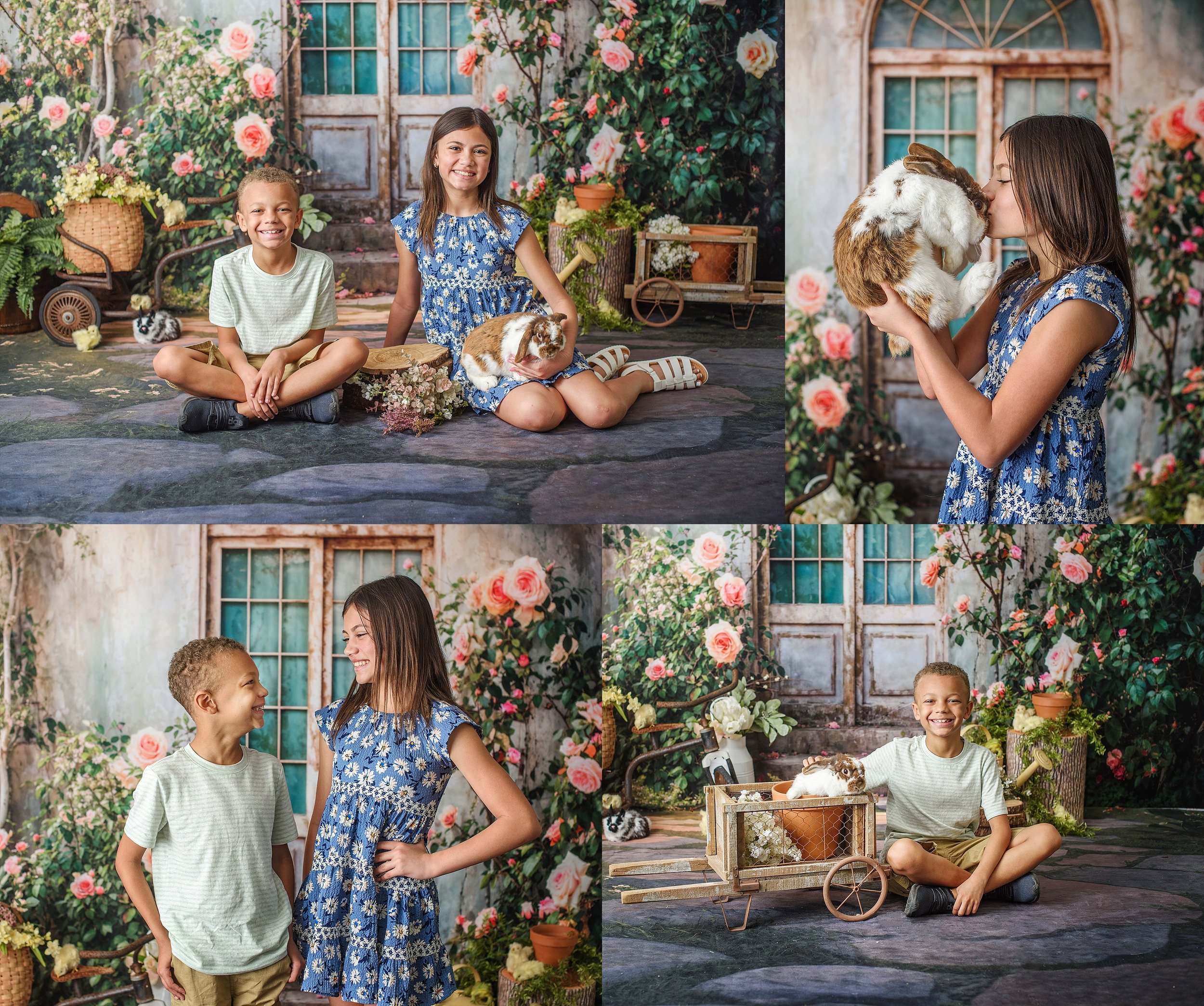 Spring bunny photo session setup for children's portraits in studio