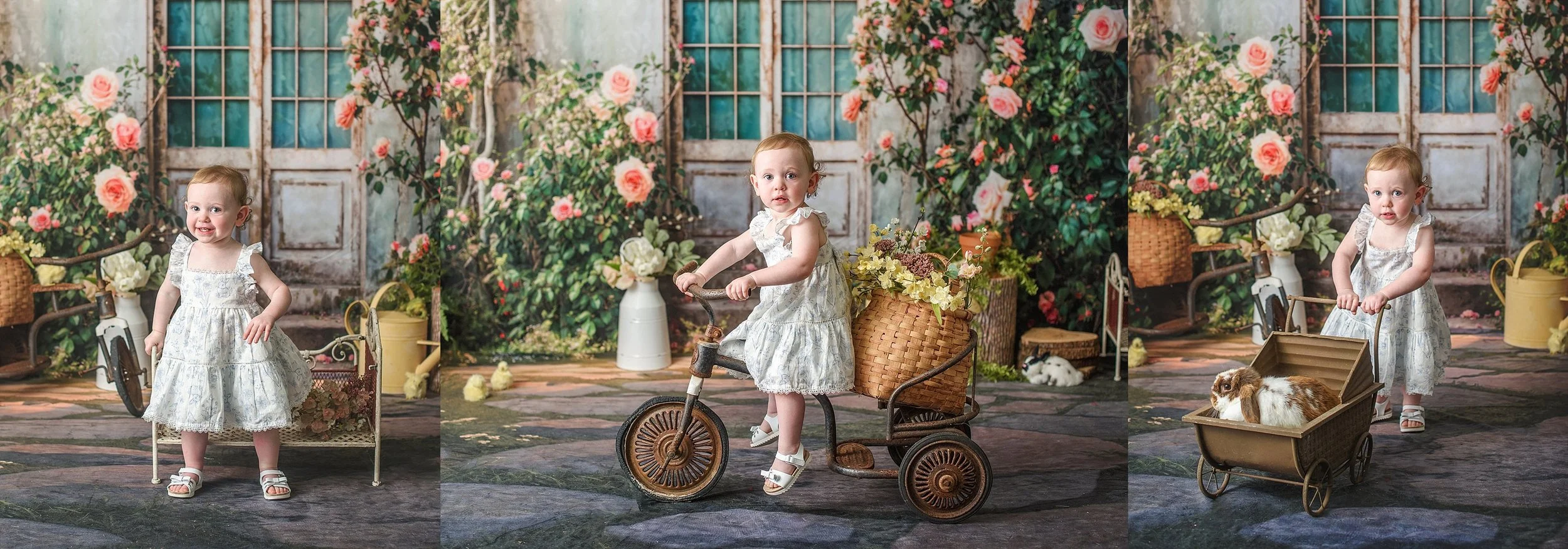 Toddler girl holding a real bunny during spring photo session in Alvin Texas