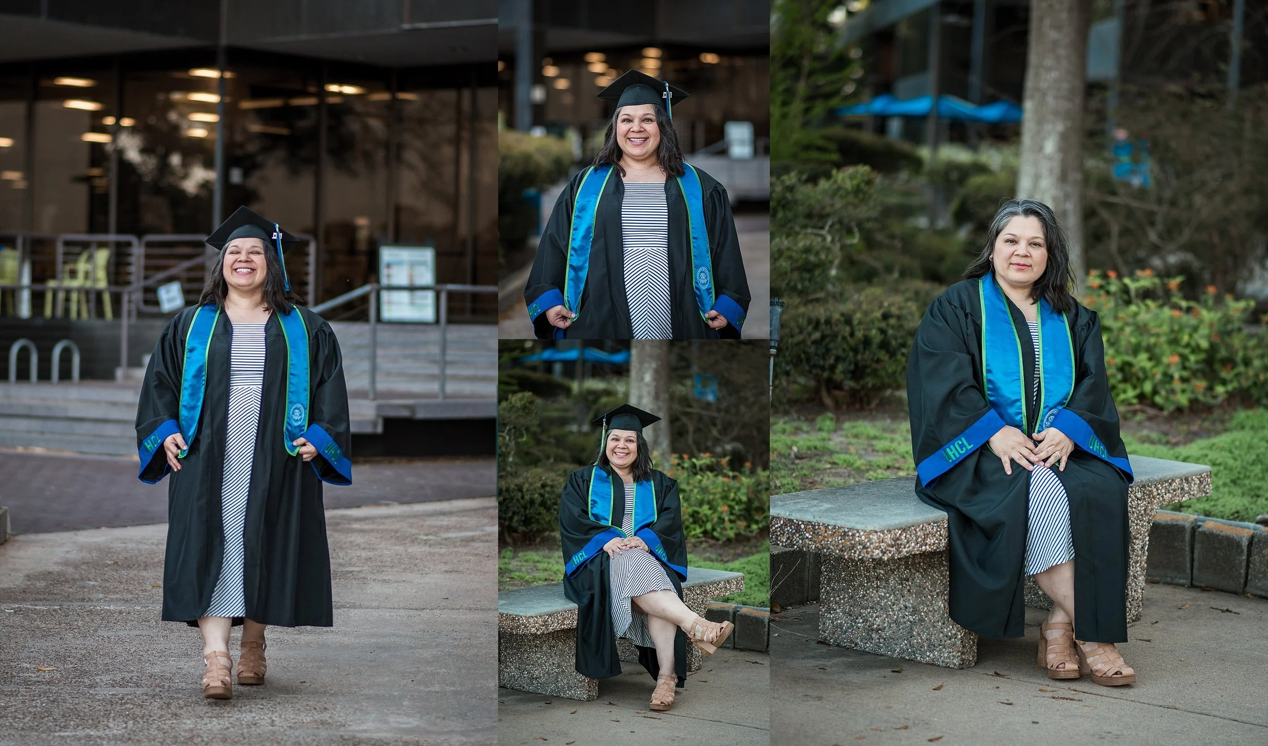 College graduation portrait of two smiling UHCL graduates in Houston, Texas, ready to start their careers in education.