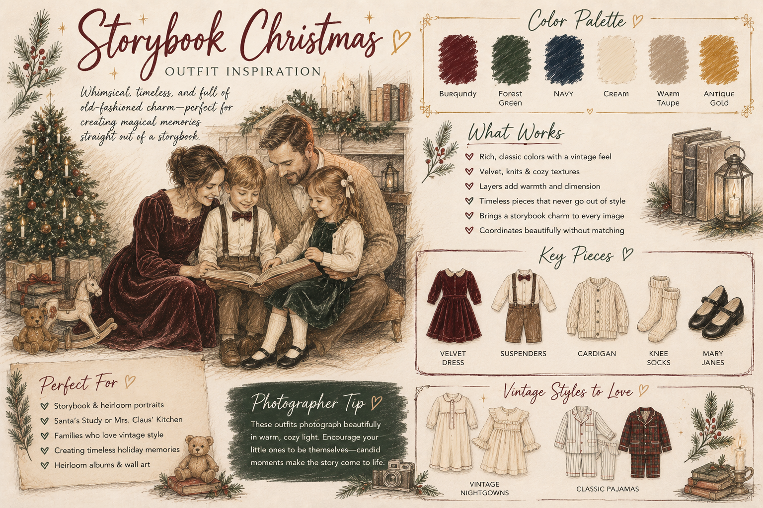 Coordinated Christmas family outfits featuring rich jewel tones, flowing dresses, and timeless neutral styling.