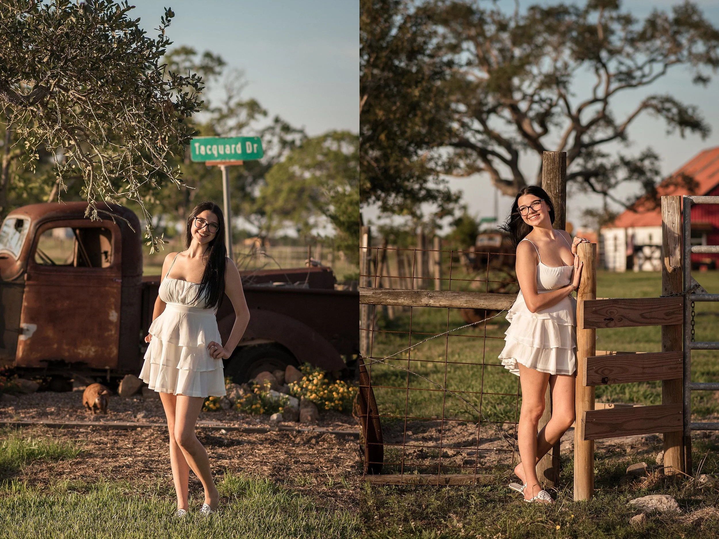 High school senior in a white dress during a rustic barn senior session near Santa Fe, Texas.