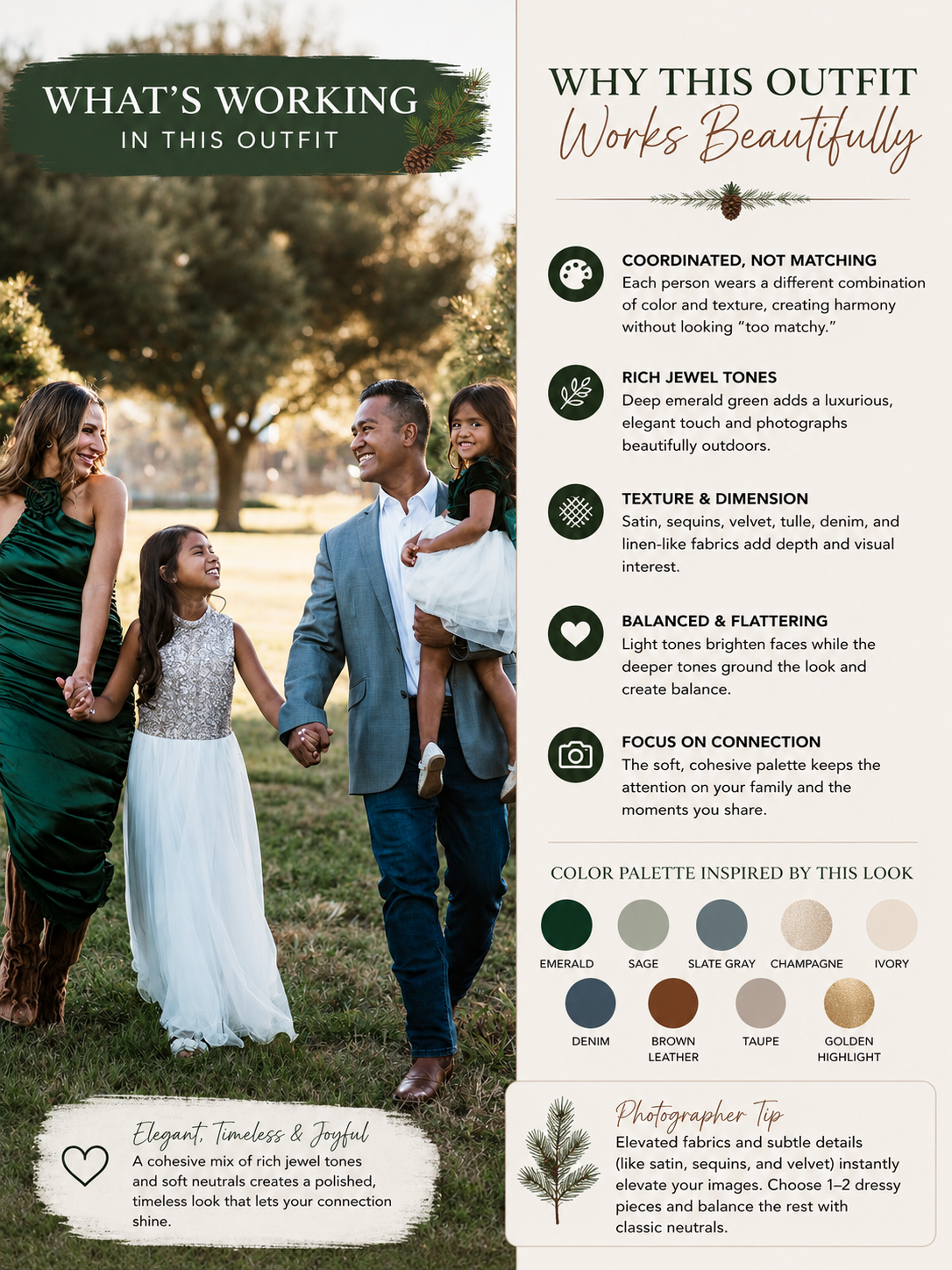 Family wearing elegant coordinated outfits while walking through a Christmas tree farm during a holiday portrait session.