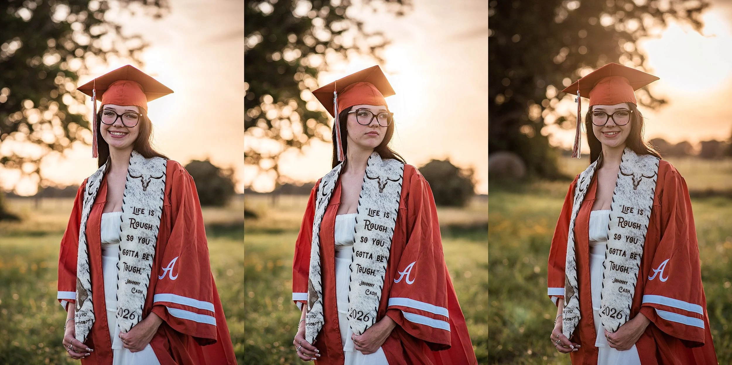 Golden hour graduation portrait featuring a Class of 2027 senior with a handmade stole