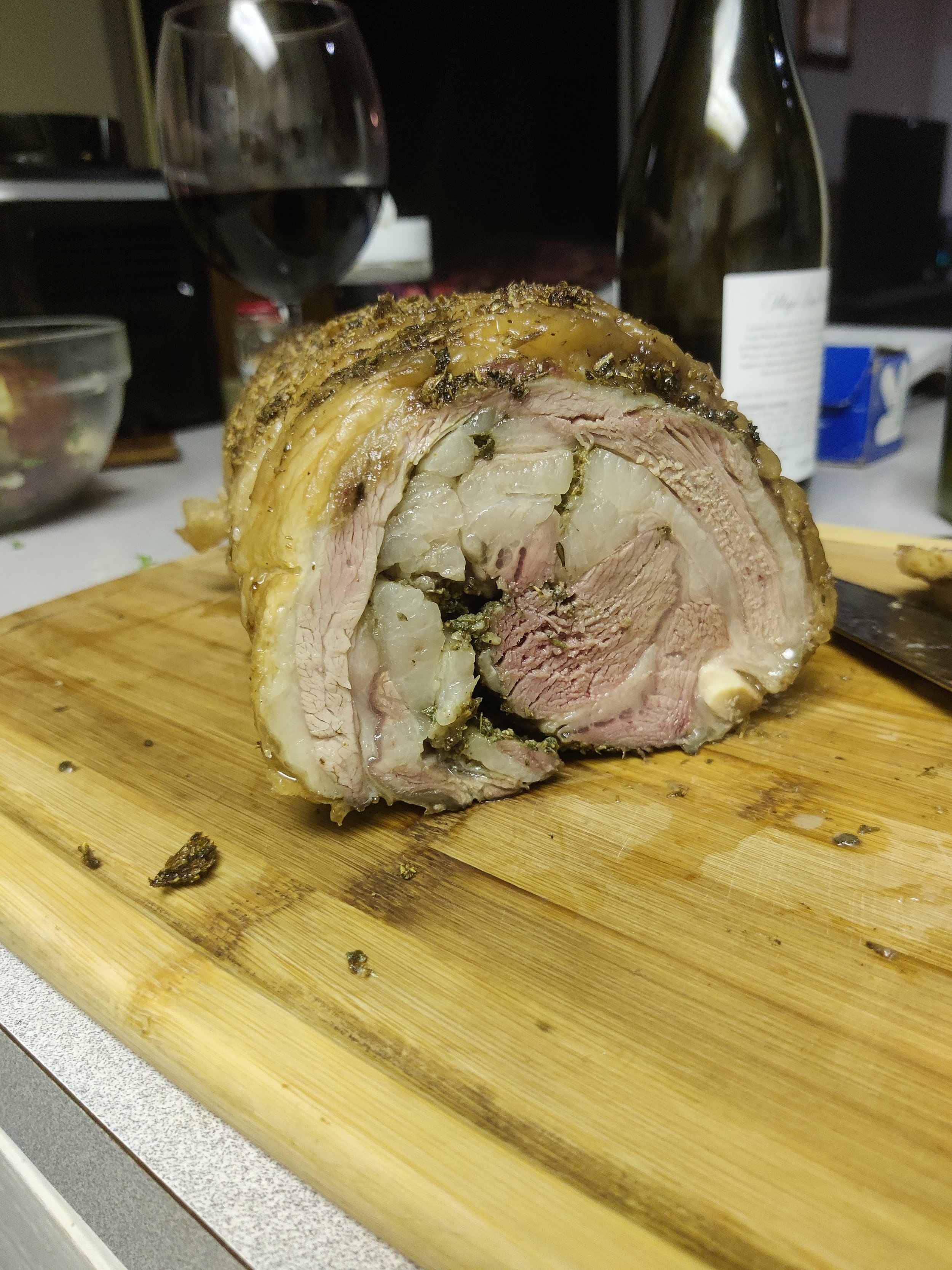This is a modern recipe that fits in well with SCA pursuits- a rack of lamb deboned, stuffed with herbs, tied, and slow roasted until crispy like porchetta.