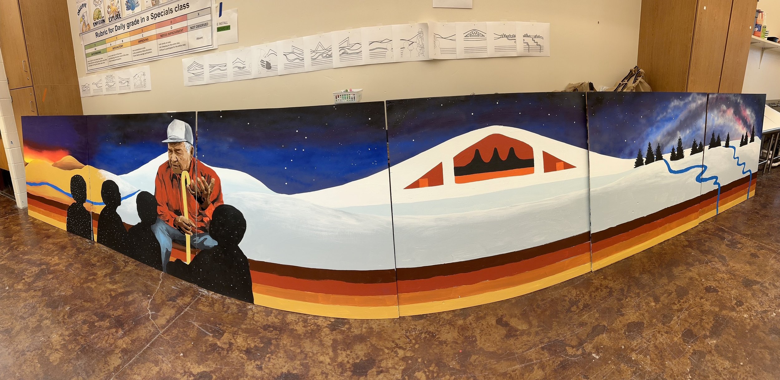  The fourth panel of the mural depicts the fourth Arapaho hill of life  –  the elder stage –  which is associated with the color white and the direction of north. (Photo Colleen Friday) 