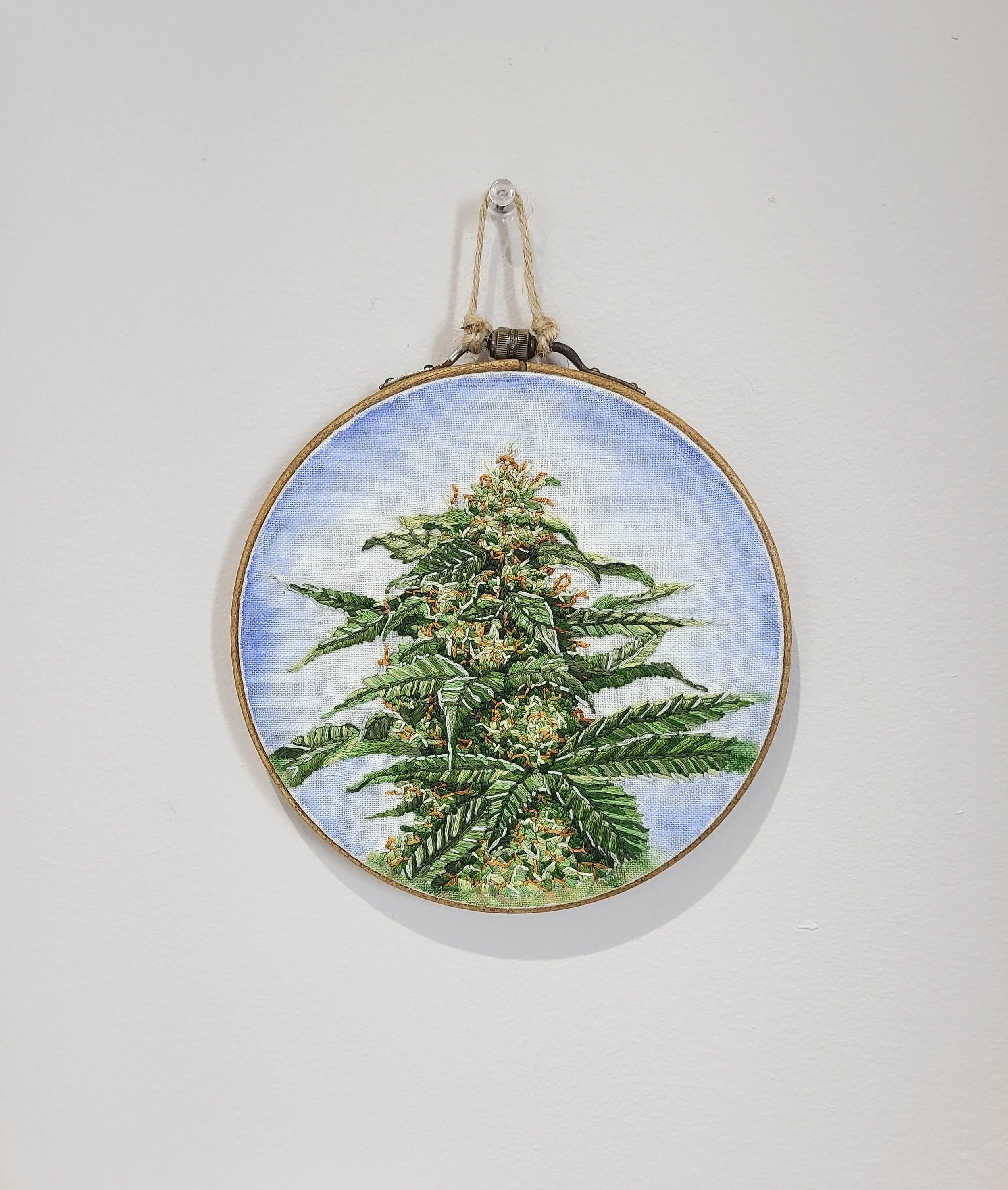 Cannabis - hand embroidery and watercolour on linen - 6 inch hoop