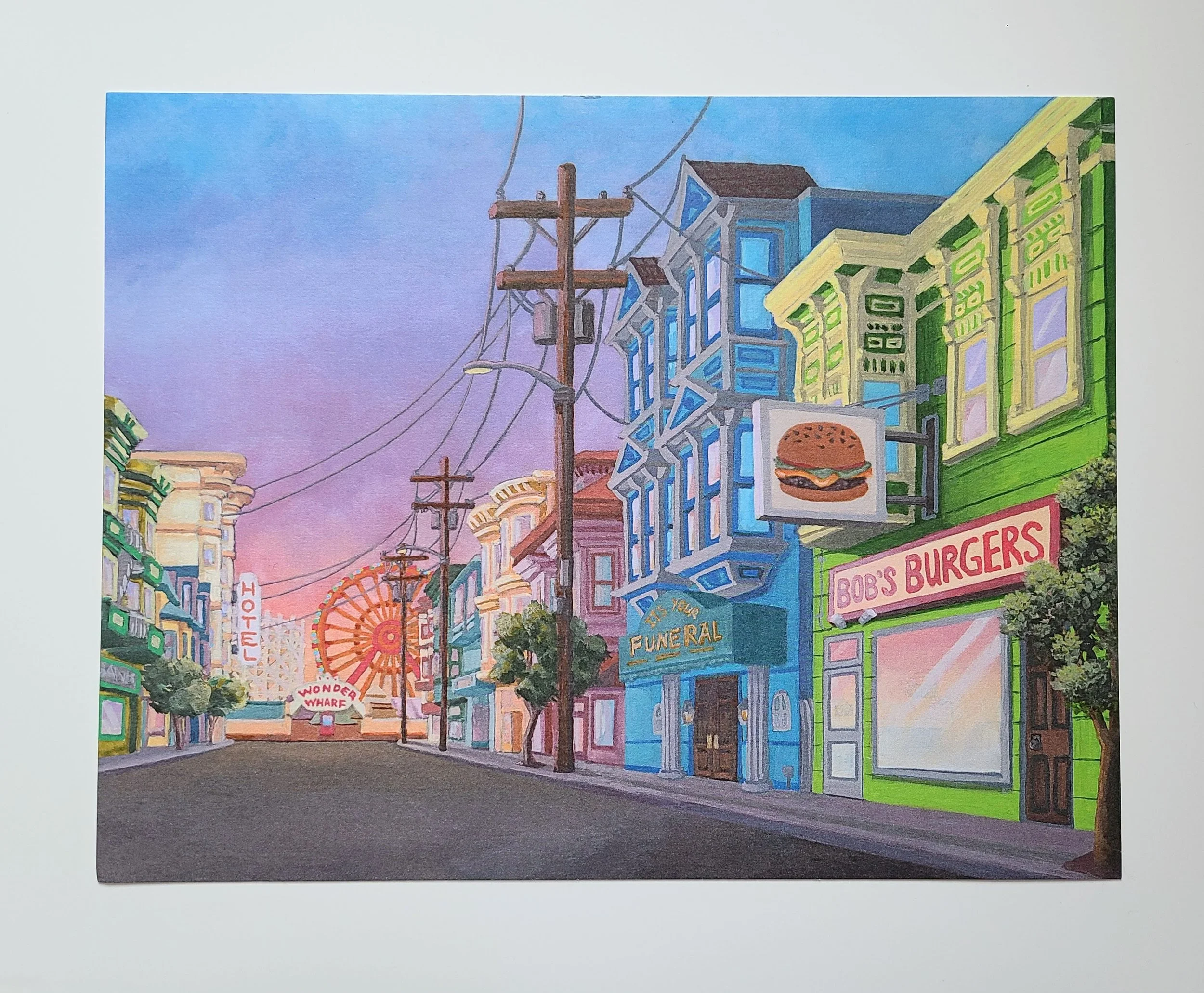 Bob's Burgers Landscape - watercolour and acrylic paint on paper - 8.5x11 in. 2024