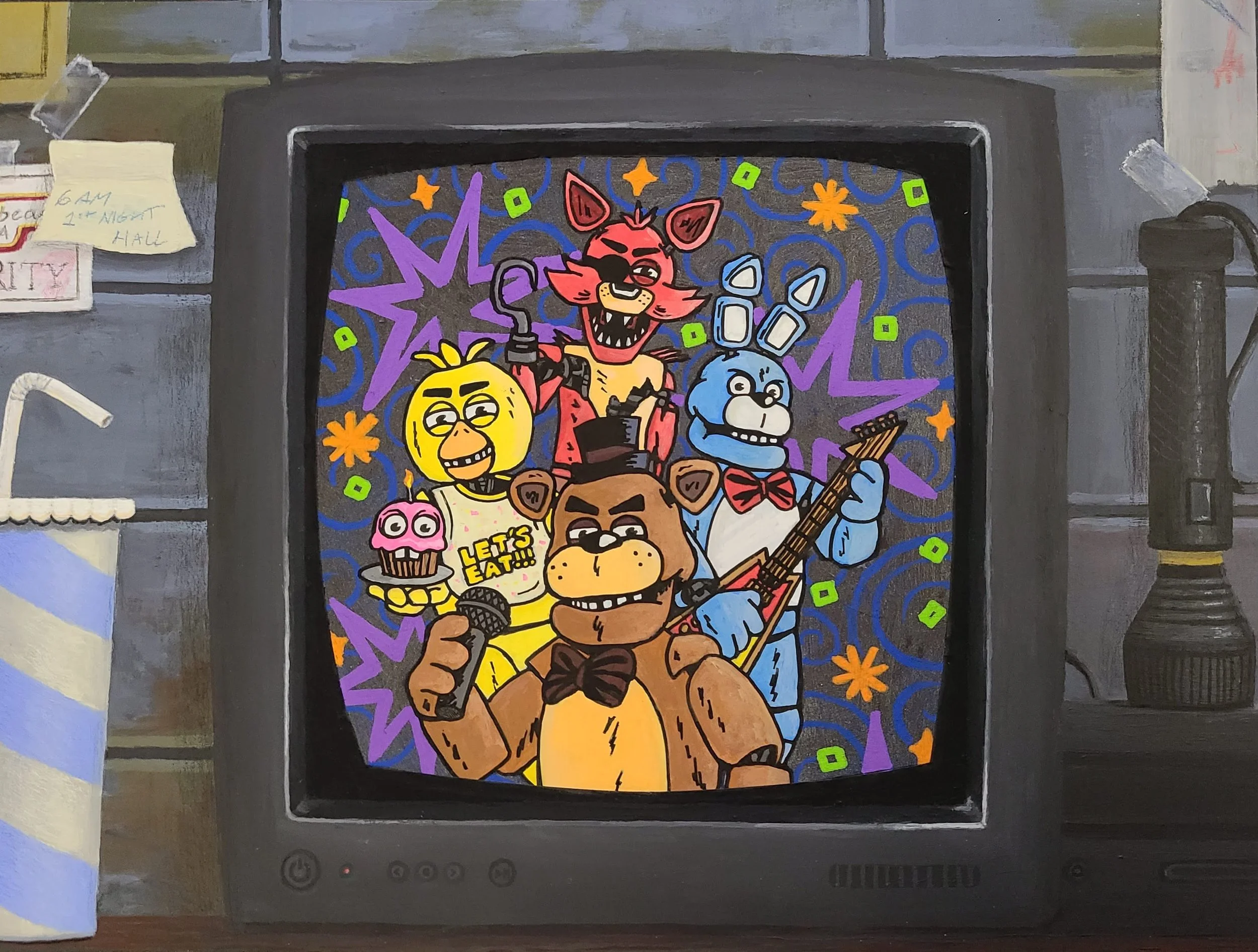 Five Nights At Freddy's - acrylic and pencil crayon on paper - 9x12 in. 2024