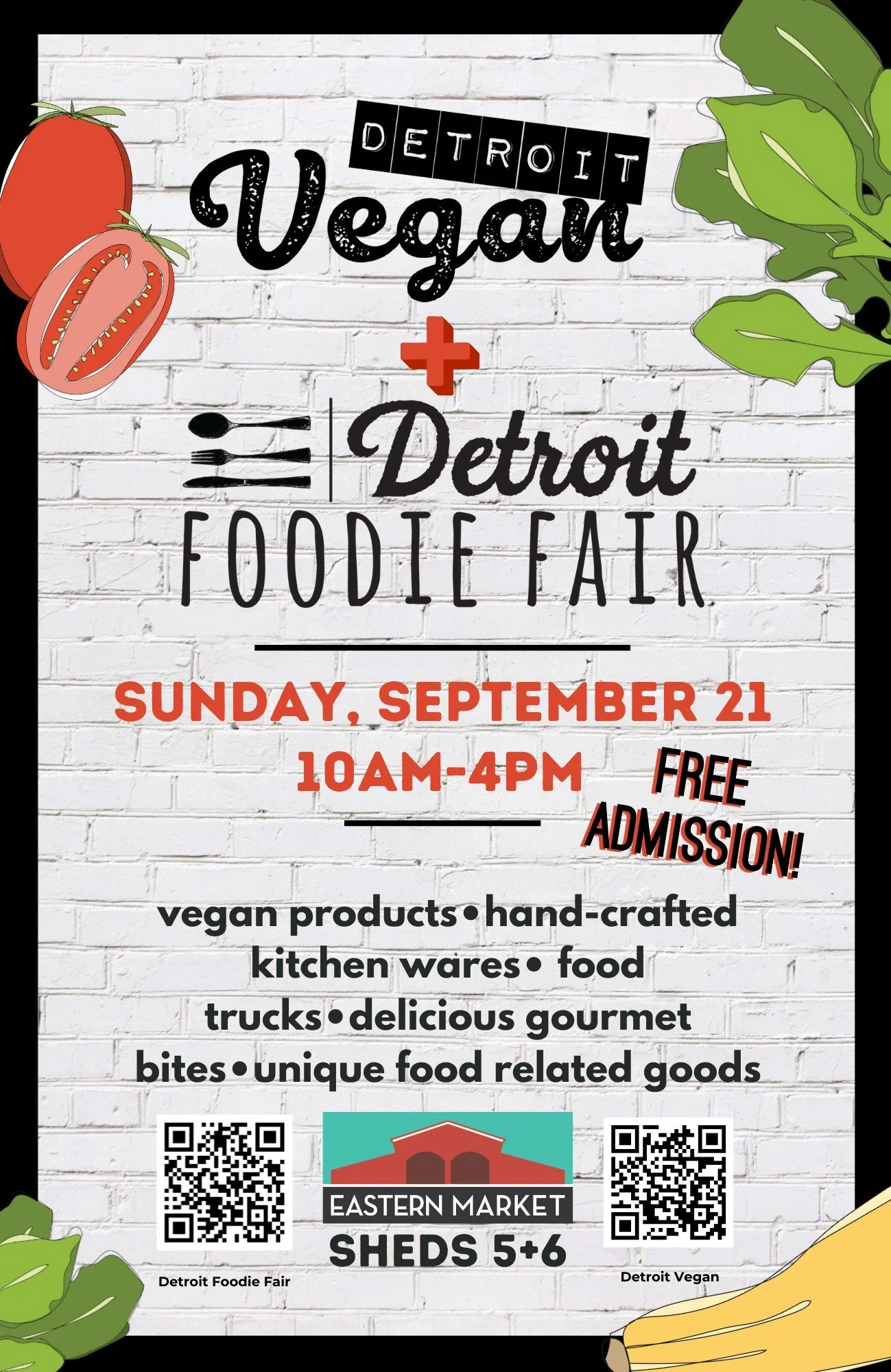 Detroit Foodie Fair + Detroit Vegan
Two sister events, one amazing day of flavor! Here&rsquo;s what you need to know:
Date: Sunday, September 21, 2025
Time: 10 AM &ndash; 4 PM
Location: Shed 5, Eastern Market, Detroit
Cost: FREE to attend!
What to Ex