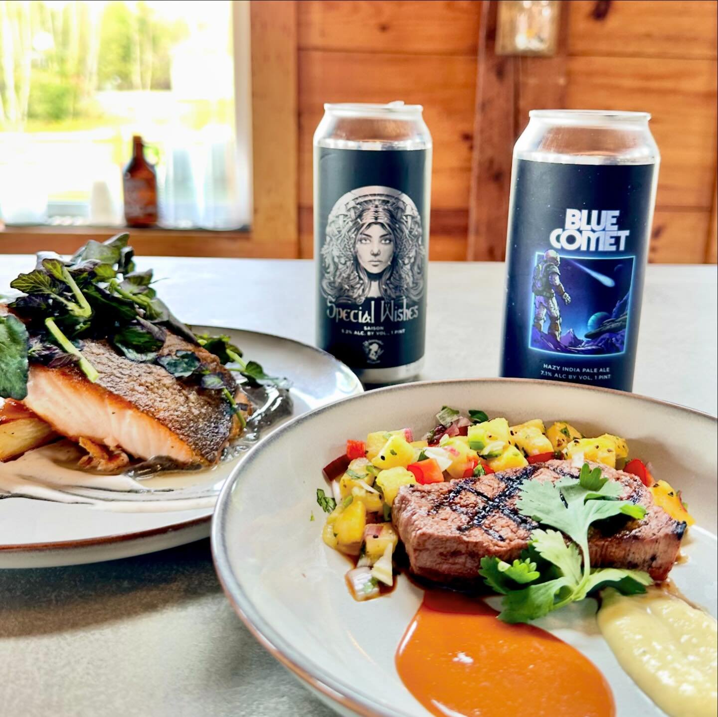 Friday Specials in honor of our @widowmakerbrew Tap Takeover! 🍻 

🍍 Grilled eye round steak with pineapple salsa, lemongrass pineapple BBQ sauce, and lemongrass aioli. 
Pair with Widowmaker Blue Comet NEIPA ☄️ 

🍣 Nordic Salmon with a potato pav&e