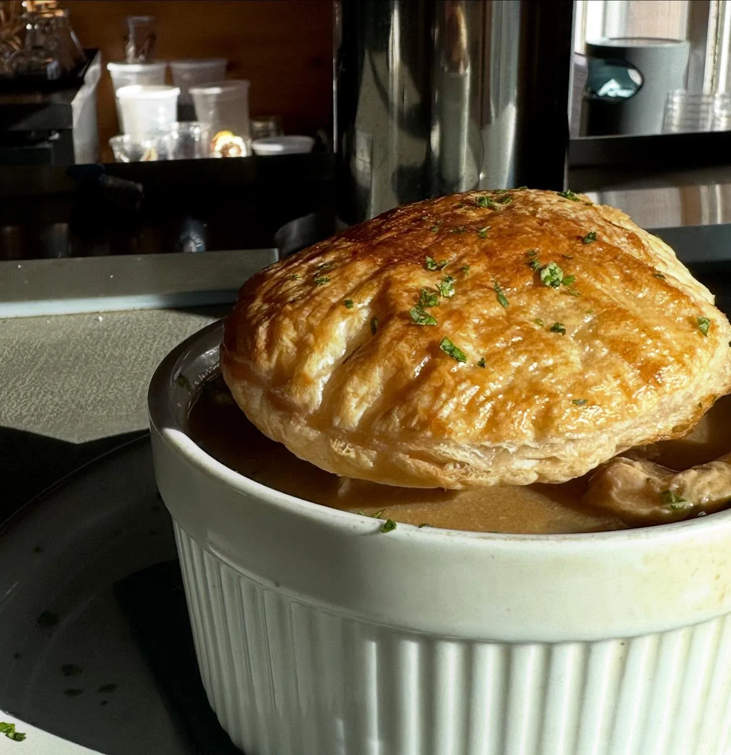 A very SPECIAL addition to yesterday’s specials!
π₯§ Turkey Pot Pie 
Turkey breast, corn, edamame, and onion in BBQ turkey gravy, topped with puff pastry.