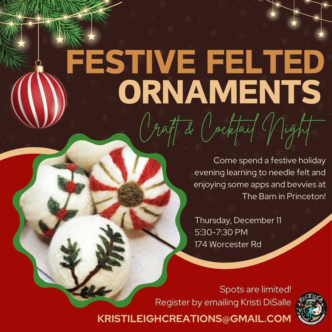 Holiday Crafts &amp; Cocktails is back with a felted ornament workshop by @kristileighcreations ! This is such a fun way to unwind, get festive, learn something new, &amp; make your very own ornaments (which could be a great gift btw 😉) 🥂