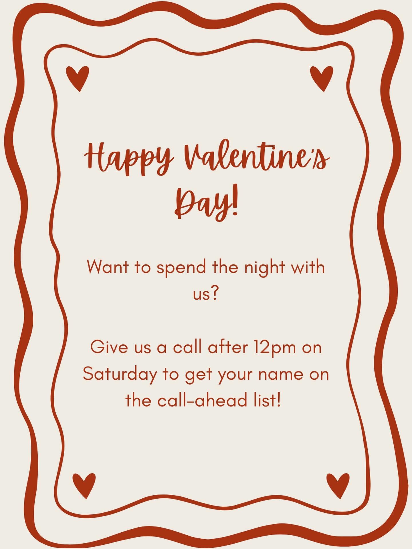 Come spend the night with us! ❤️ 

While we only take reservations for parties of 8 or more, give us a call after 12pm on Saturday to add your name to our call-ahead list.

It&rsquo;ll help shorten your wait and give you just enough time to sip a dri