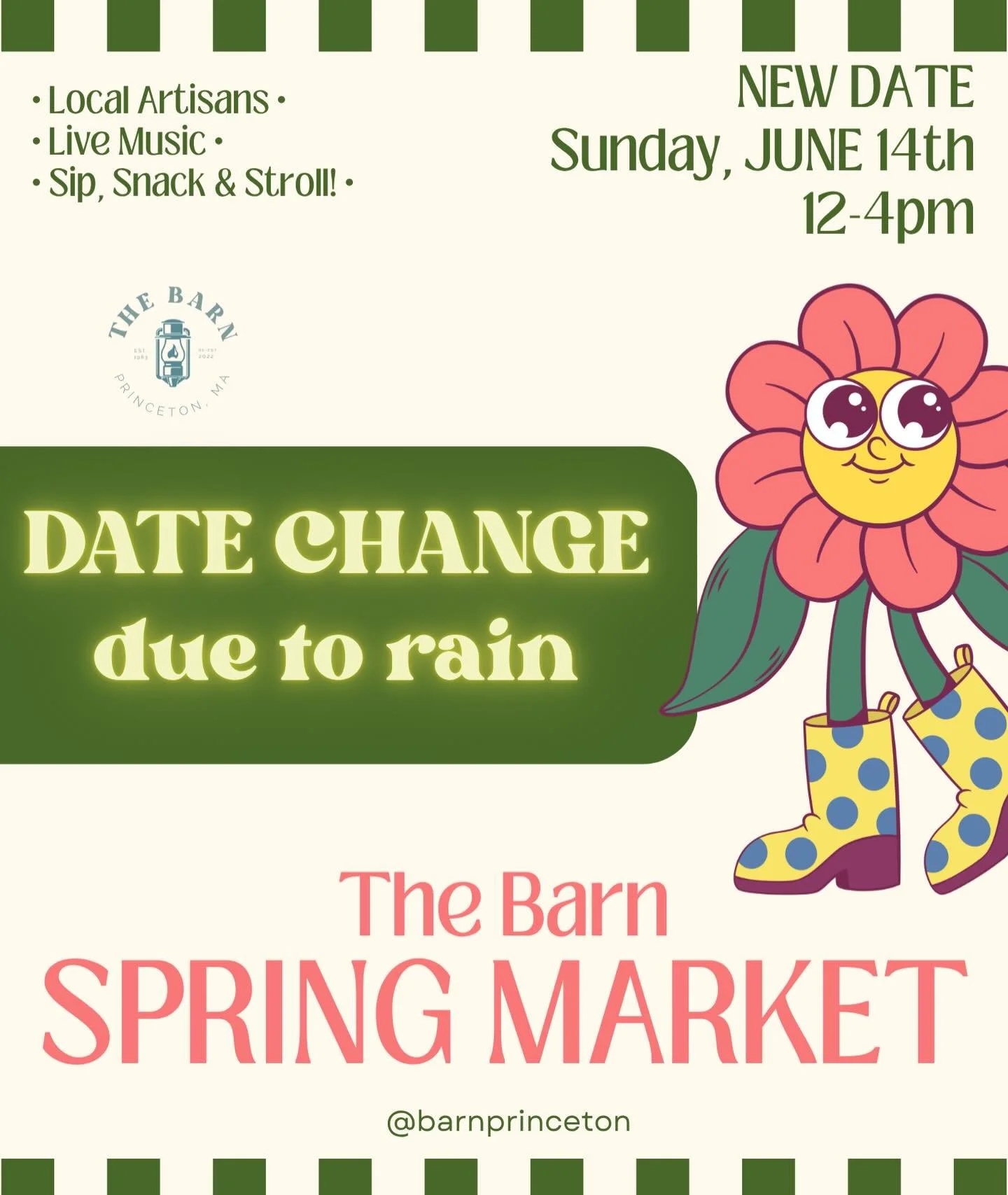 Weather Update: Spring Artisan Market Moved to Our Rain Date! 🌧️ Sunday, June 14th | 12 PM &ndash; 4 PM 🌧️ 

With rain and thunderstorms in the forecast for this Sunday, we&rsquo;re moving The Barn&rsquo;s Spring Artisan Market to our rain date so 