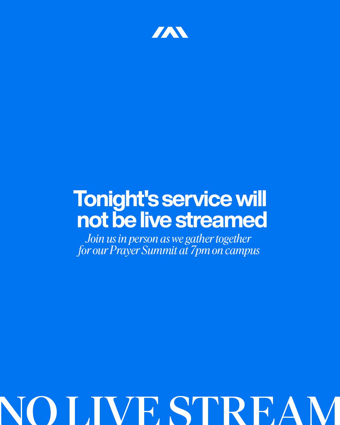 📣 Due to unforeseen circumstances beyond our control, we regret to inform you that tonight's service will not be live streamed.
--
🙌 However, we want to assure you that we are still having service and are eagerly anticipating what God has in store 