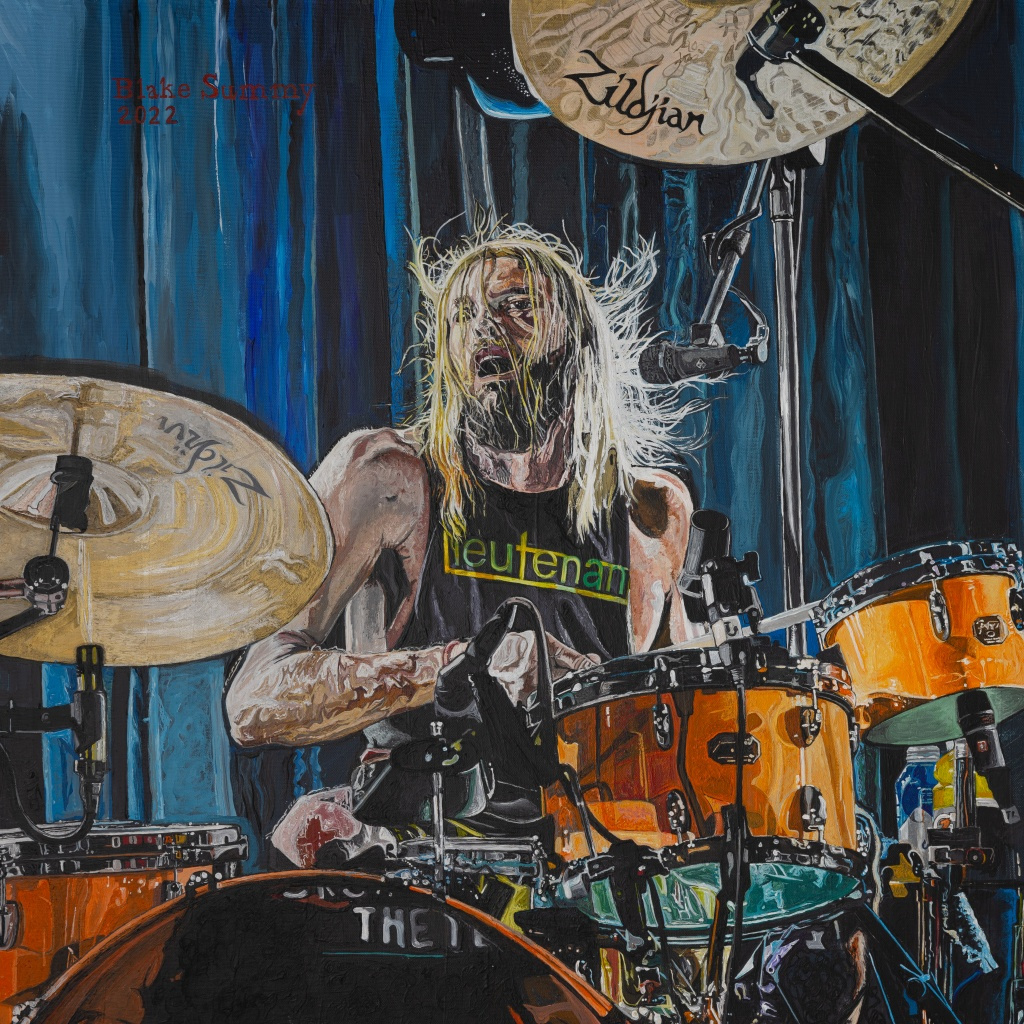 A poster print capturing Taylor Hawkins from the Foo Fighters passionately playing the drums during a concert performance.
