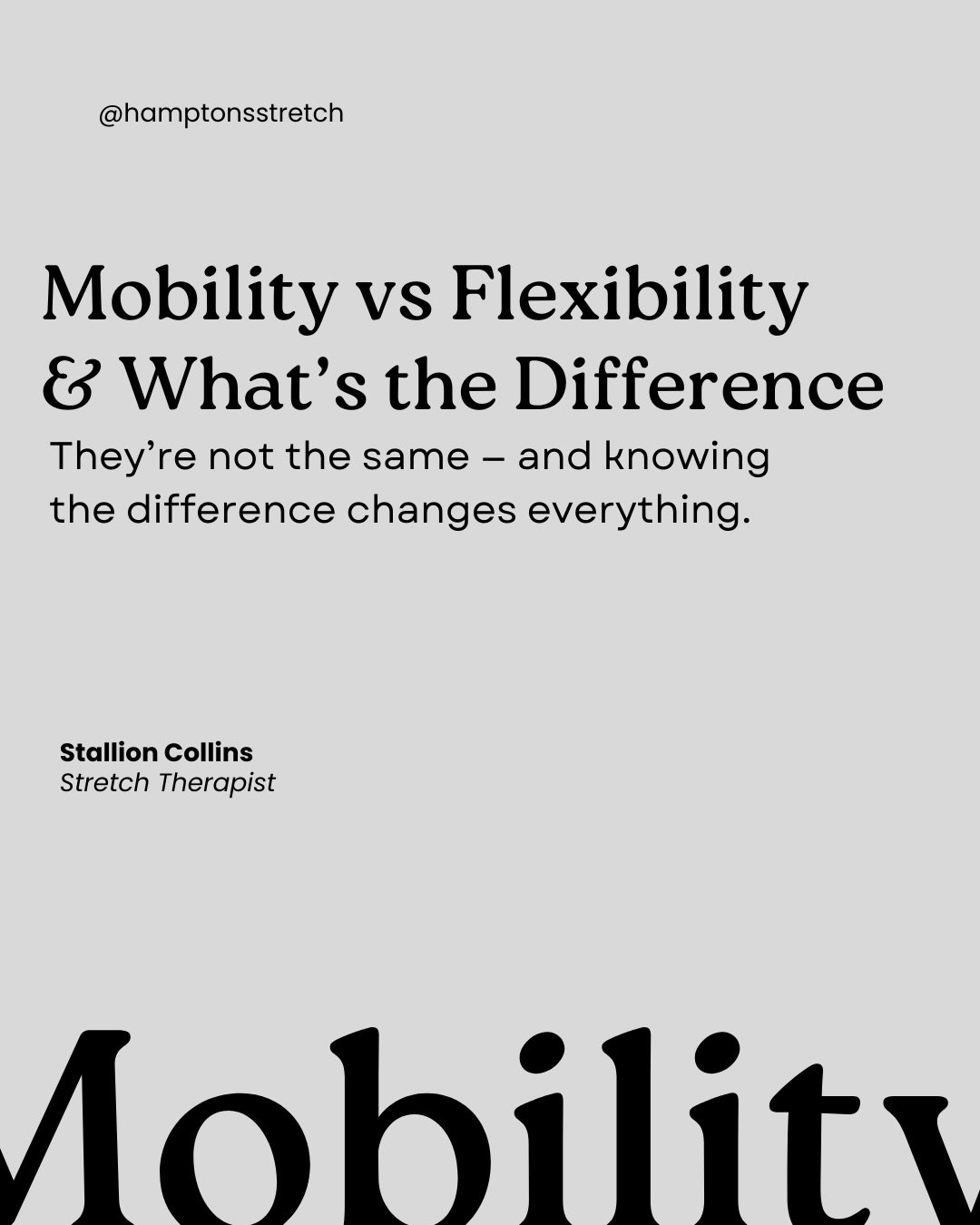 Flexibility is passive.
It&rsquo;s how far your body can be pushed.

Mobility is active.
It&rsquo;s how well you can control that range.

There&rsquo;s a big difference.

Mobility work trains your joints to move better, your muscles to support you pr