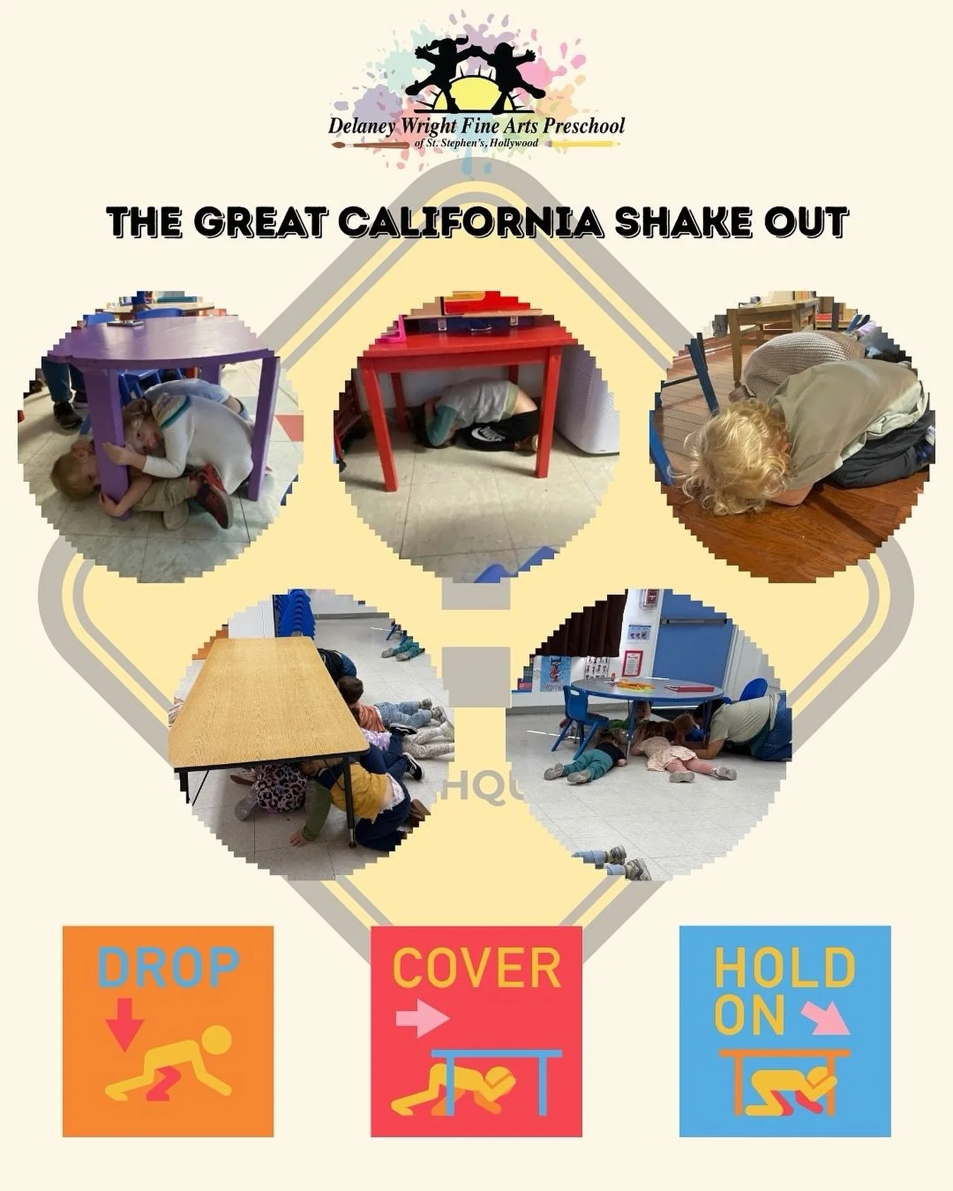 .
Yesterday, our preschoolers participated in the Great California ShakeOut! 🌎

At Delaney Wright Fine Arts Preschool, safety is our top priority. Regular drills like this help our students and staff practice what to do in case of an earthquake, ens
