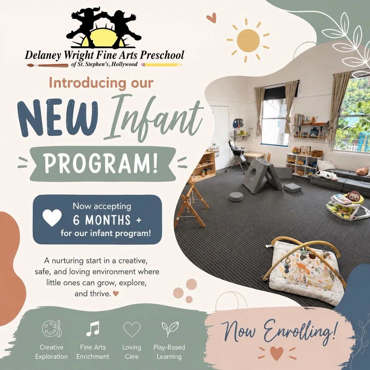 🌟 Now Enrolling in Our New Infant Program! 🌟

At Delaney Wright Fine Arts Preschool, we believe every child deserves a nurturing and inspiring start. Our brand-new Infant Program, now accepting children 6 months and older, provides a warm, loving e