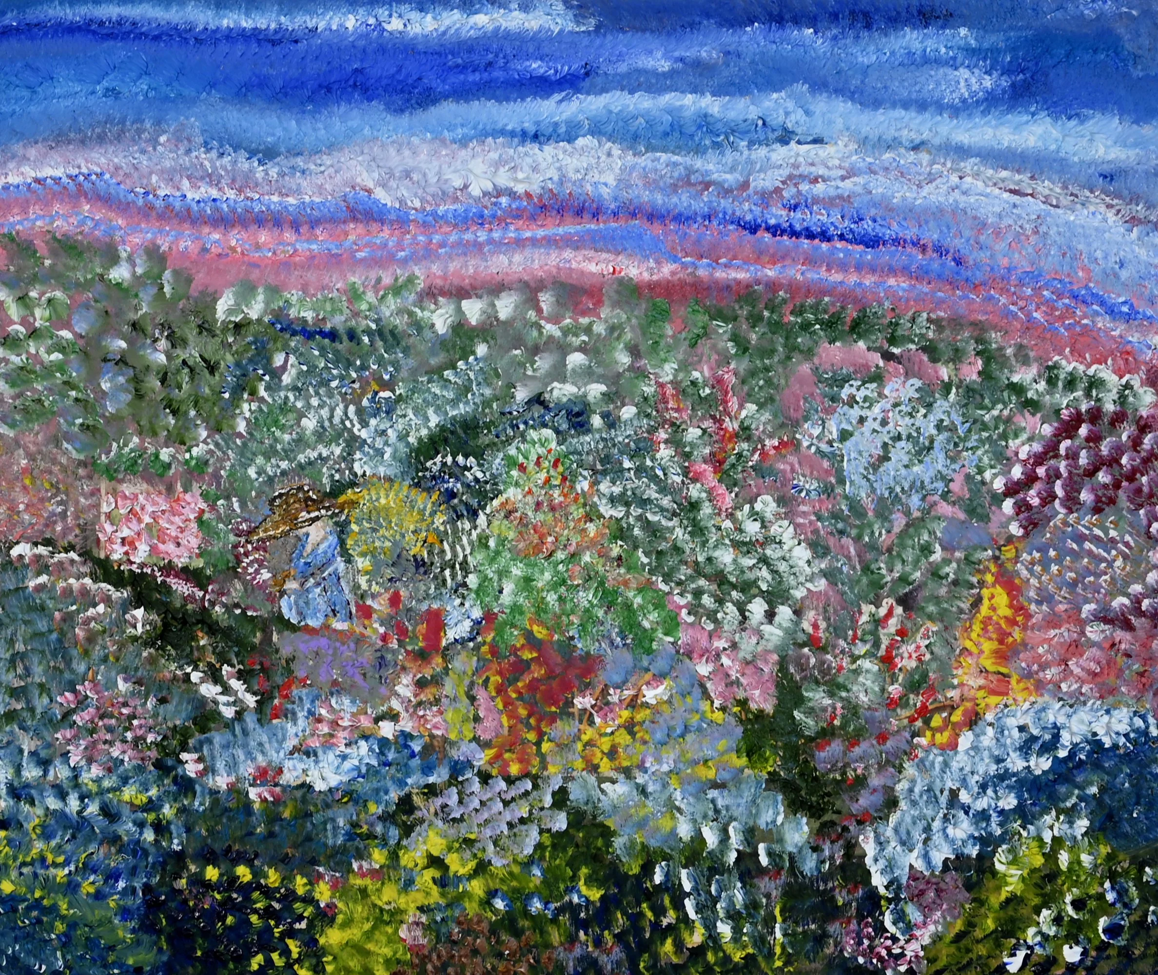 In The Garden, Oil on Art Board,  29" x 32" Framed   $200  @ 2018 - 2019