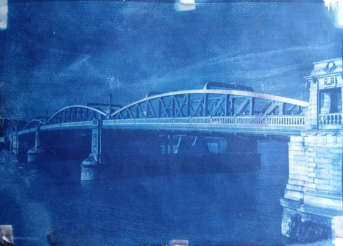 Cyanotype of Rochester Bridge. Exposed in sunshine from acetate print.